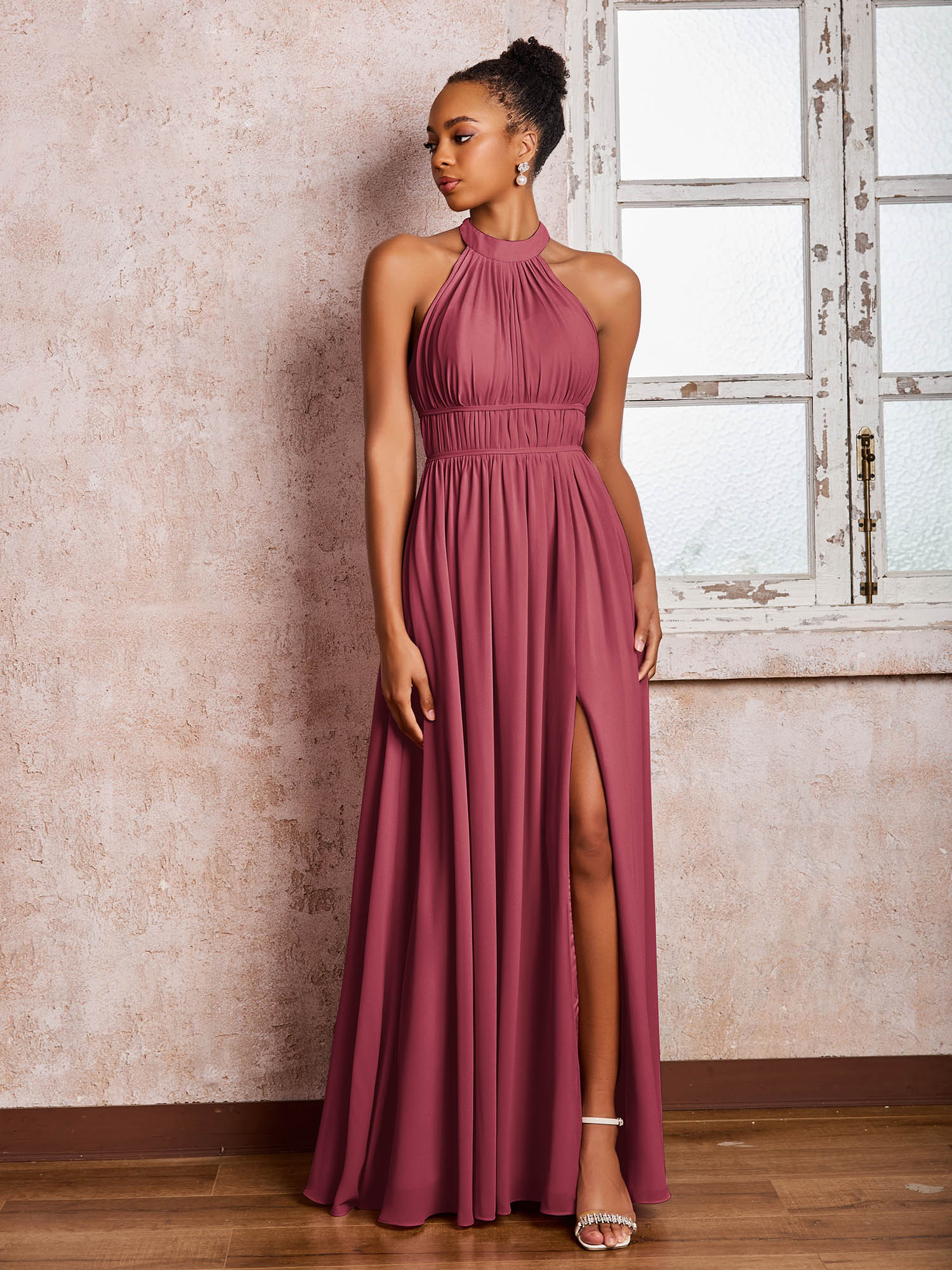 Ruched Halter Chiffon Maxi Dresses with Slit Cinnamon Rose