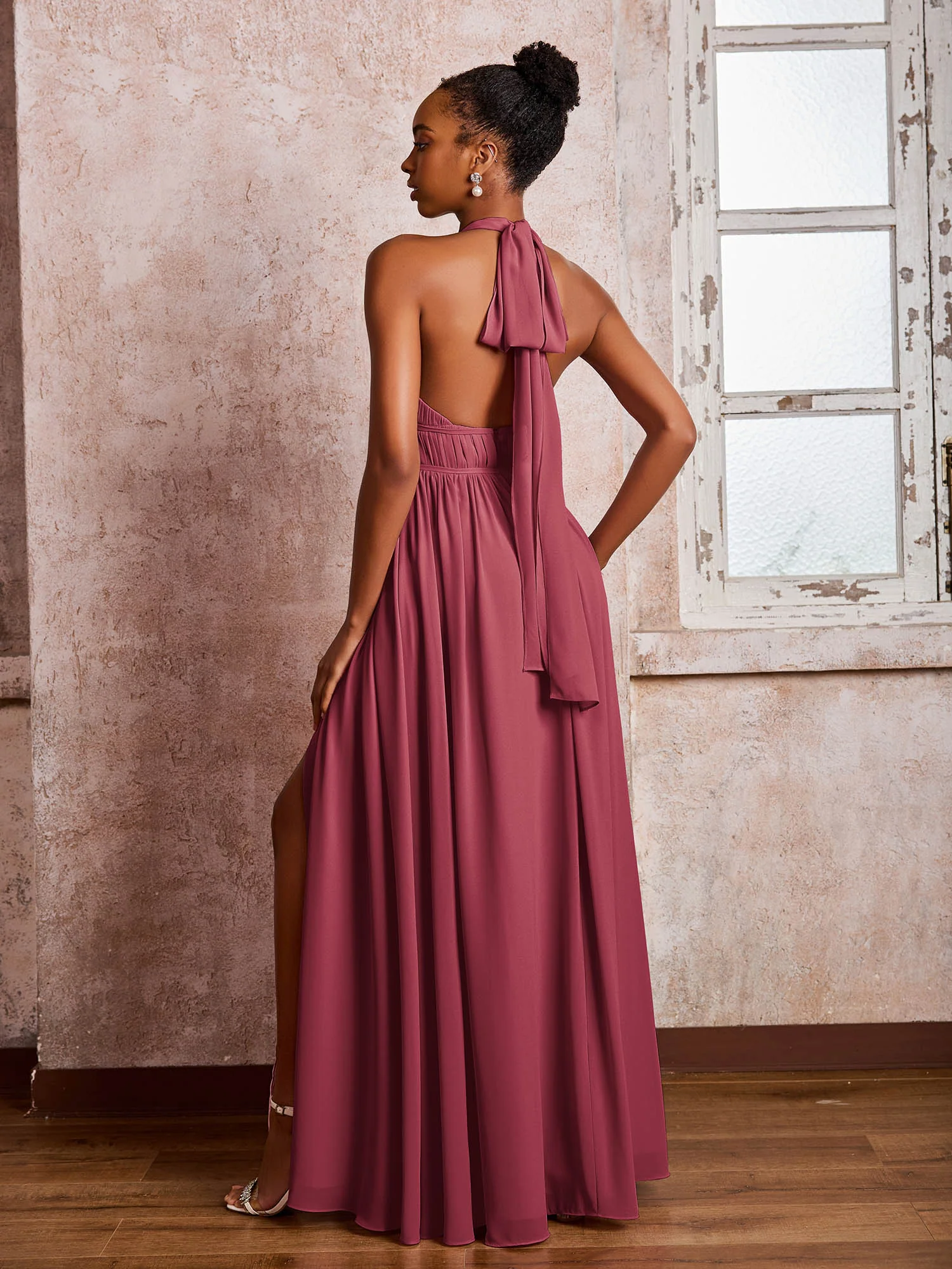Ruched Halter Chiffon Maxi Dresses with Slit Cinnamon Rose - Image 2