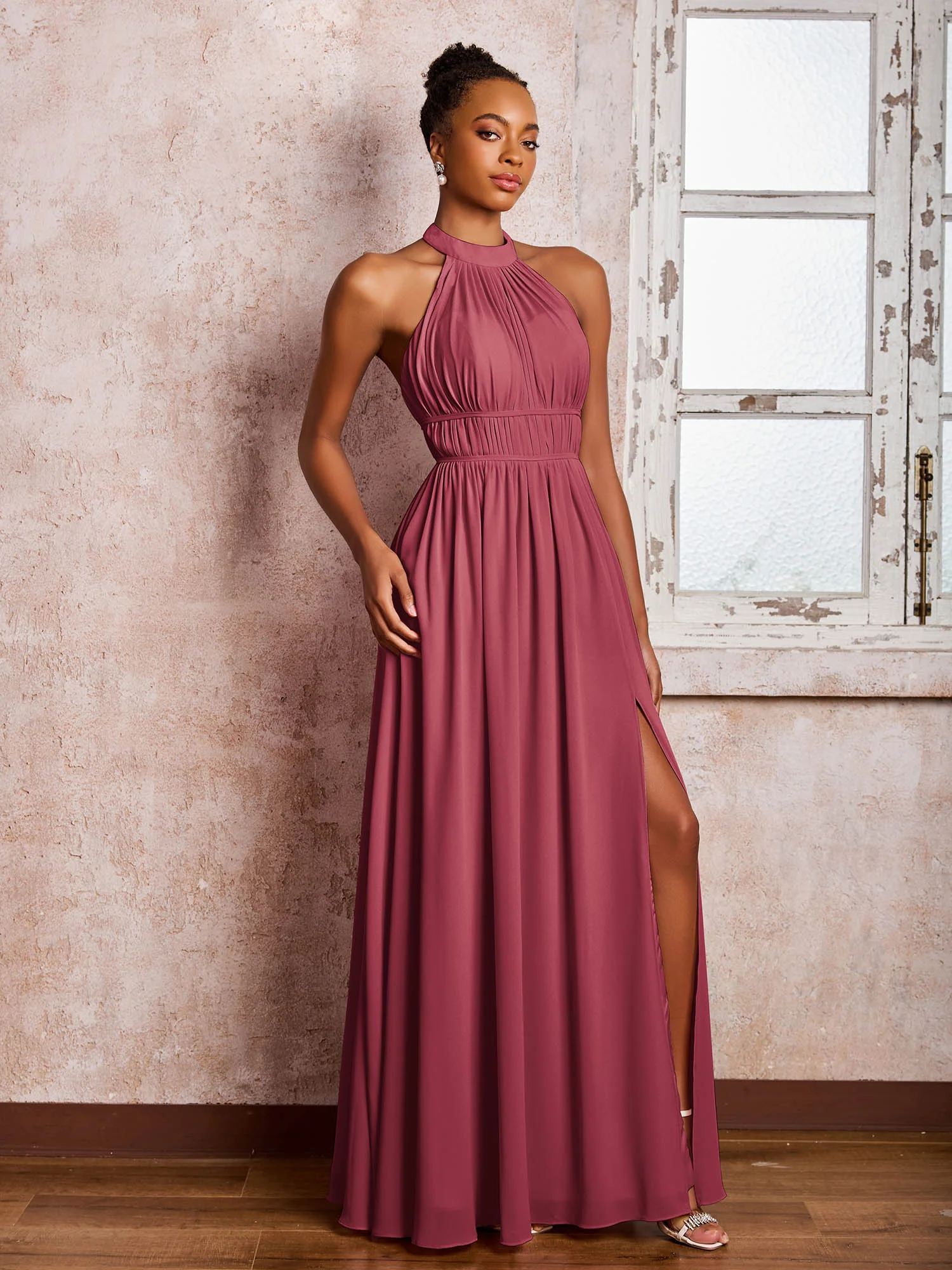 Ruched Halter Chiffon Maxi Dresses with Slit Cinnamon Rose - Image 3