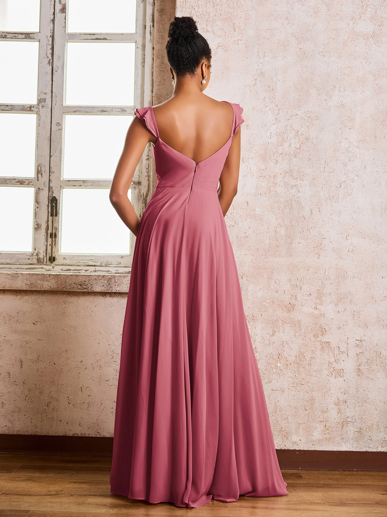 Ruched Straps Sleeveless A-line Chiffon Bridesmaid Dresses Cinnamon Rose - Image 2