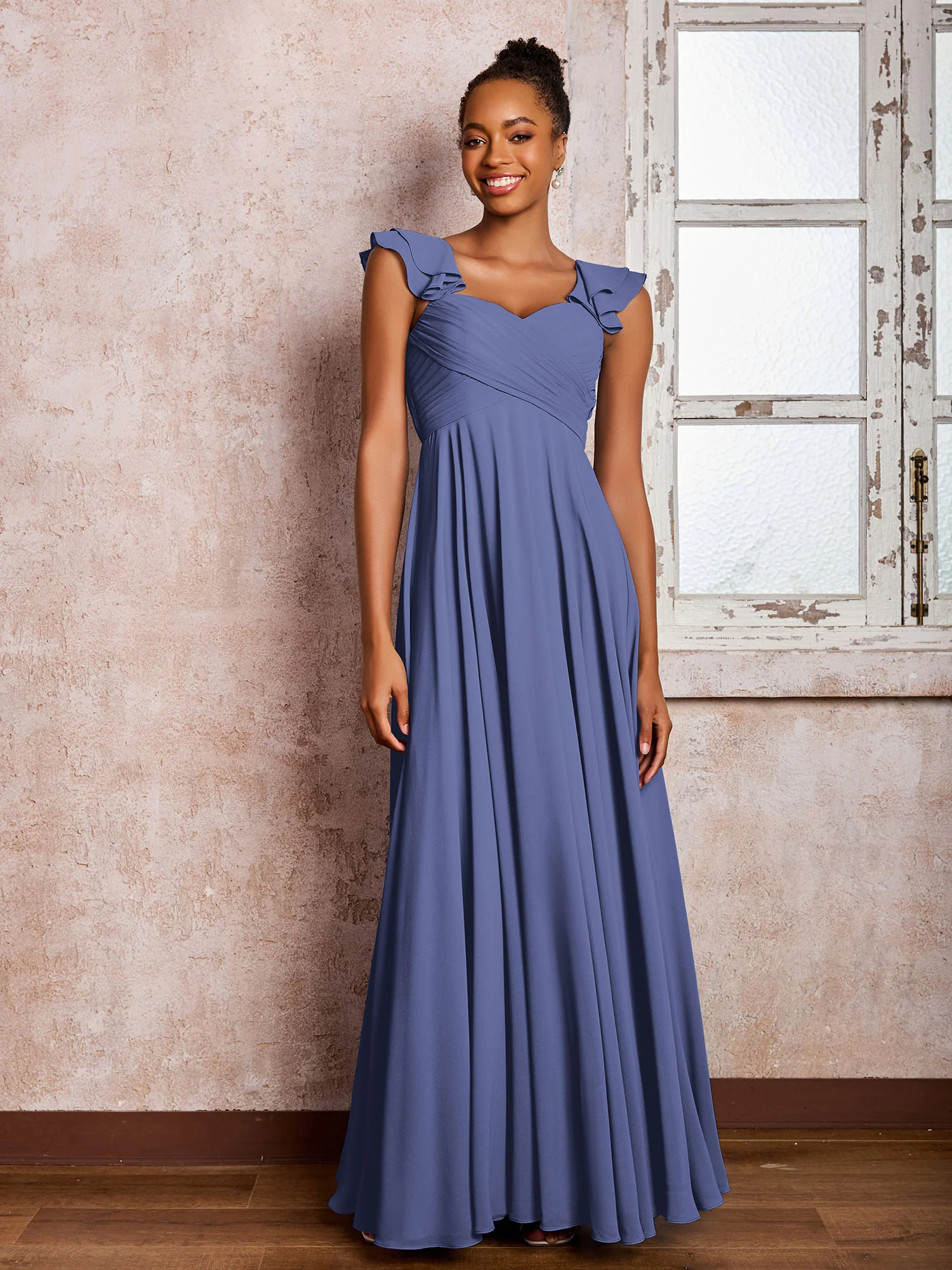Ruffle Straps Empire Long Chiffon Bridesmaid Dresses Periwinkle