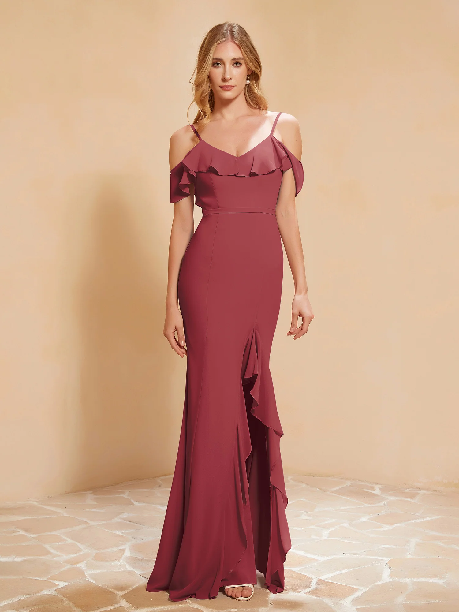 Ruffle V-neck Flutter Sleeves Mermaid Chiffon Dress Cinnamon Rose Plus Size