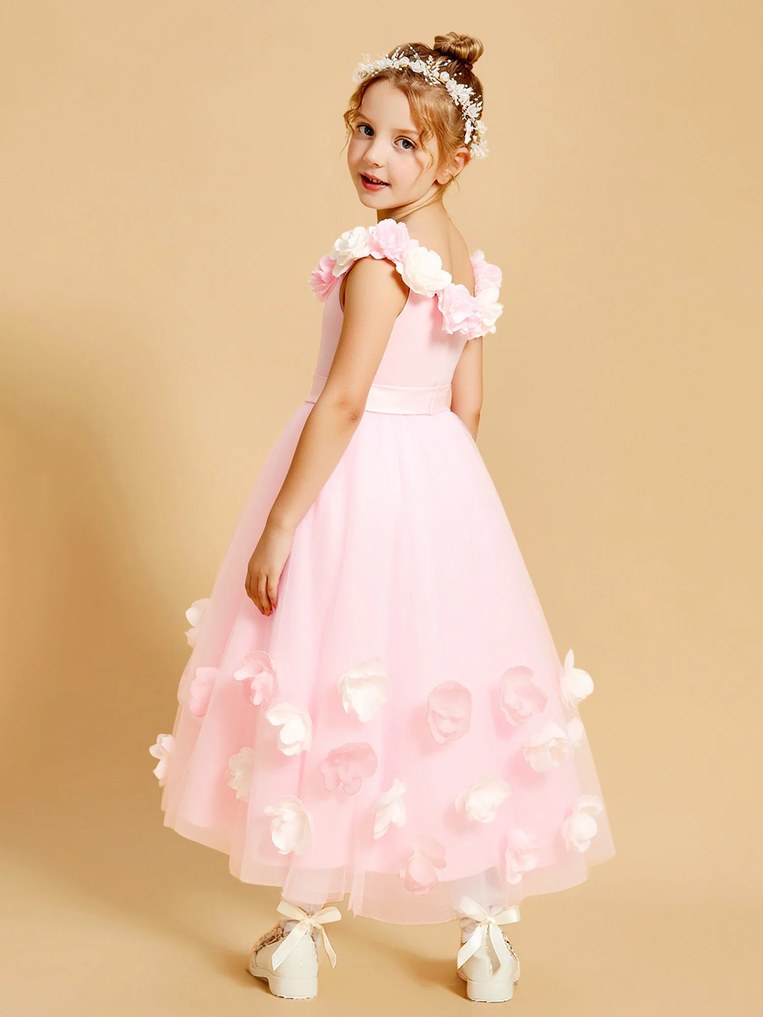 3D Flower Embellished Tulle Long Flower Girl Dress Blushing Pink - Image 2