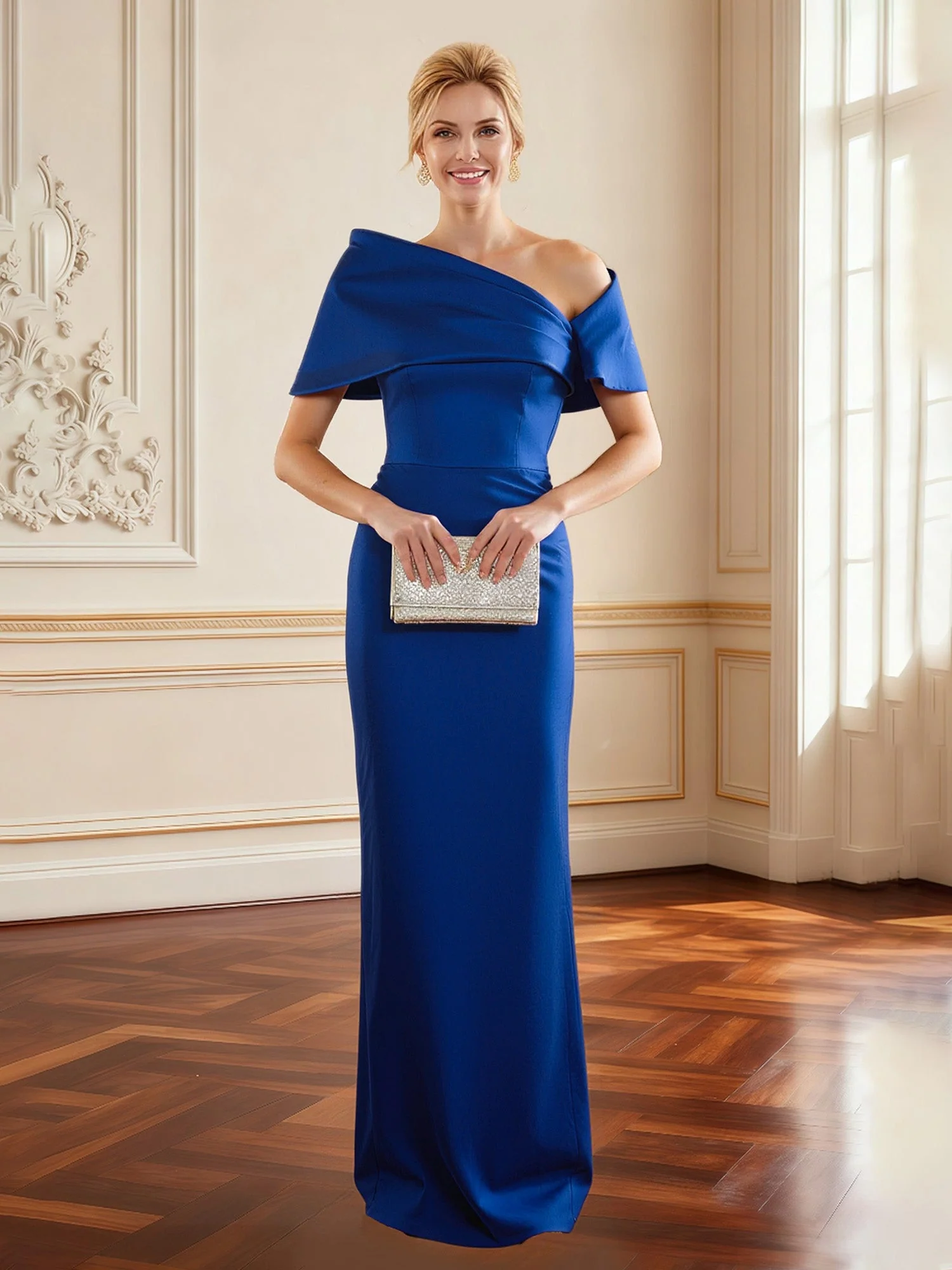 Asymmetrical Off-Shoulder Draped Gown Dusty Blue