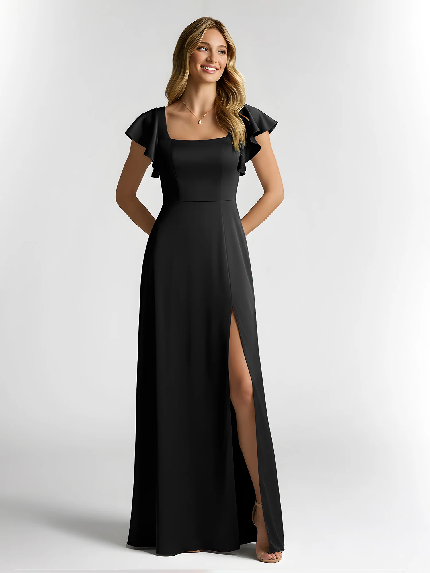 Chiffon Square Neck Flutter Sleeves Dresses With Slit Black