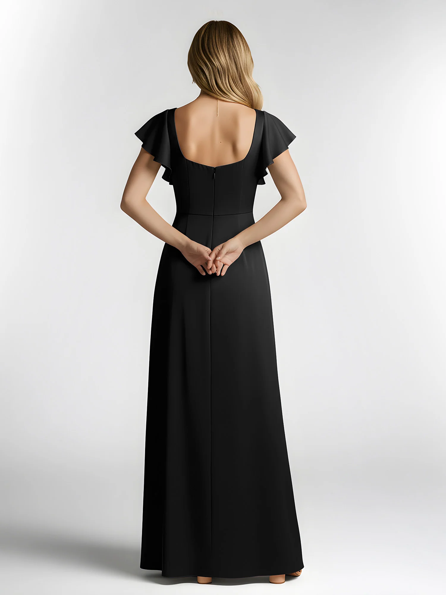 Chiffon Square Neck Flutter Sleeves Dresses With Slit Black - Image 2