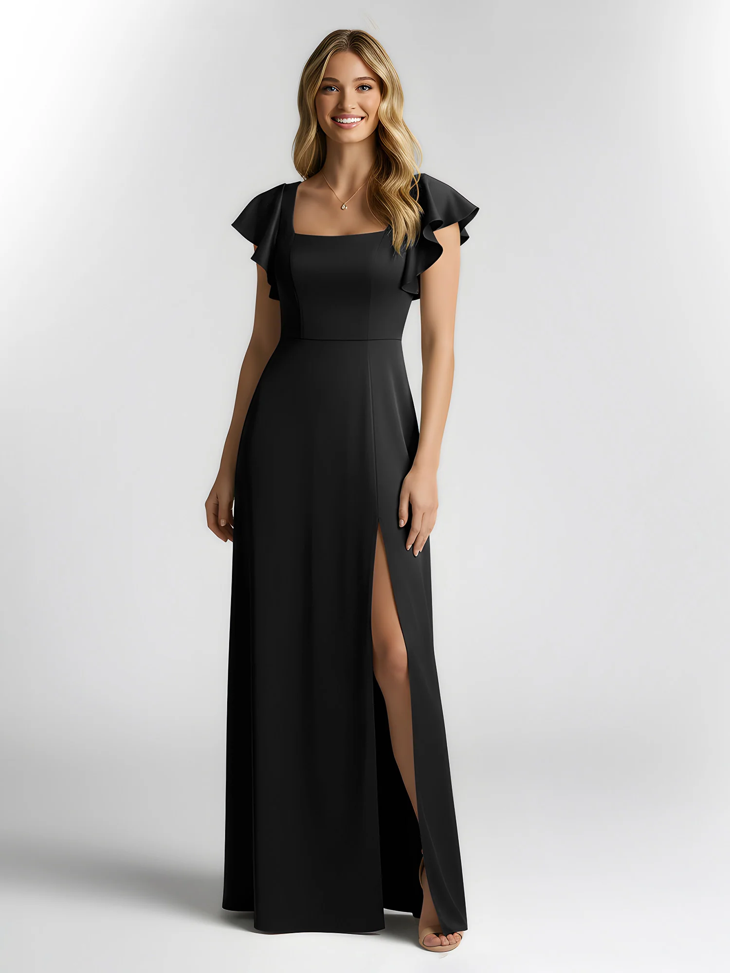 Chiffon Square Neck Flutter Sleeves Dresses With Slit Black - Image 3