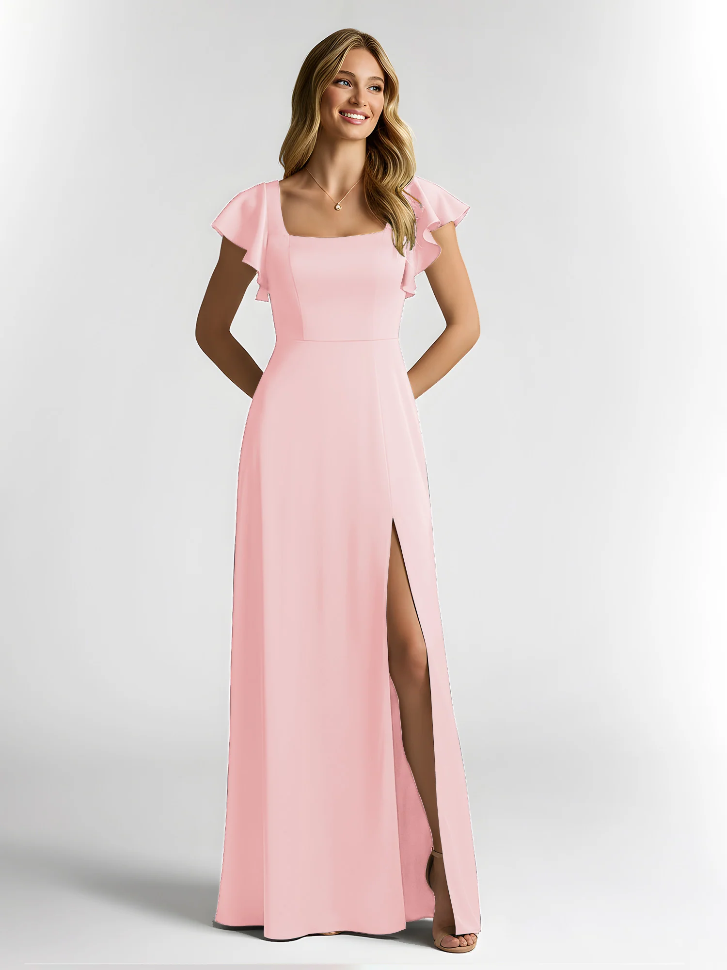 Chiffon Square Neck Flutter Sleeves Dresses With Slit Blushing Pink
