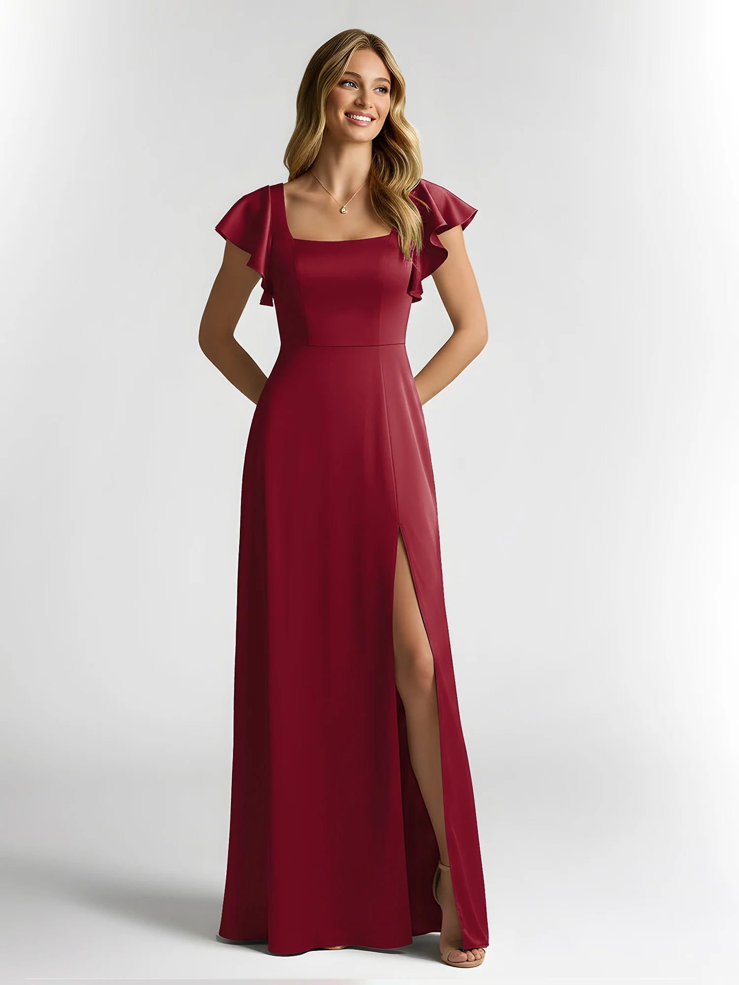 Chiffon Square Neck Flutter Sleeves Dresses With Slit Burgundy