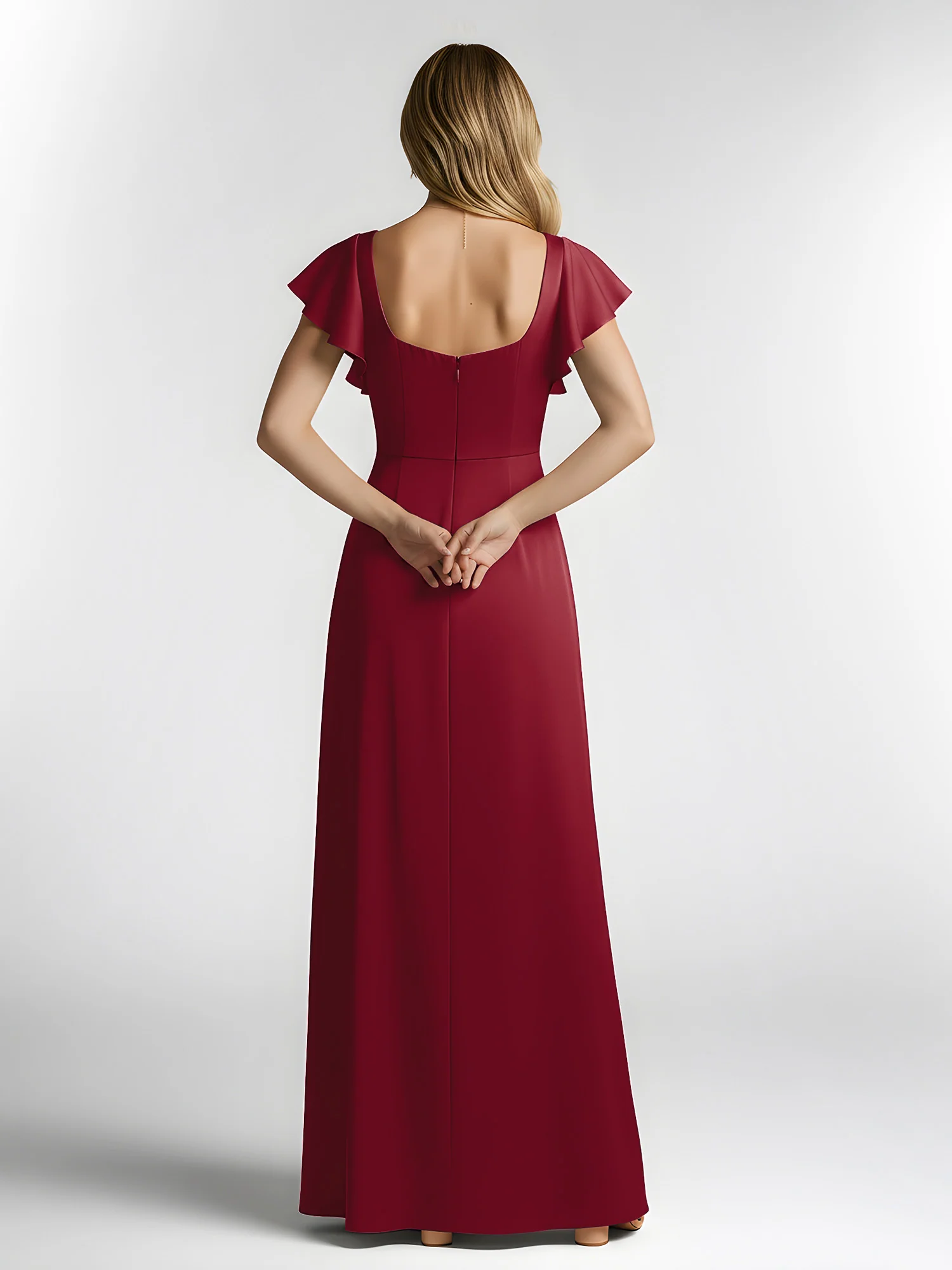 Chiffon Square Neck Flutter Sleeves Dresses With Slit Burgundy - Image 2