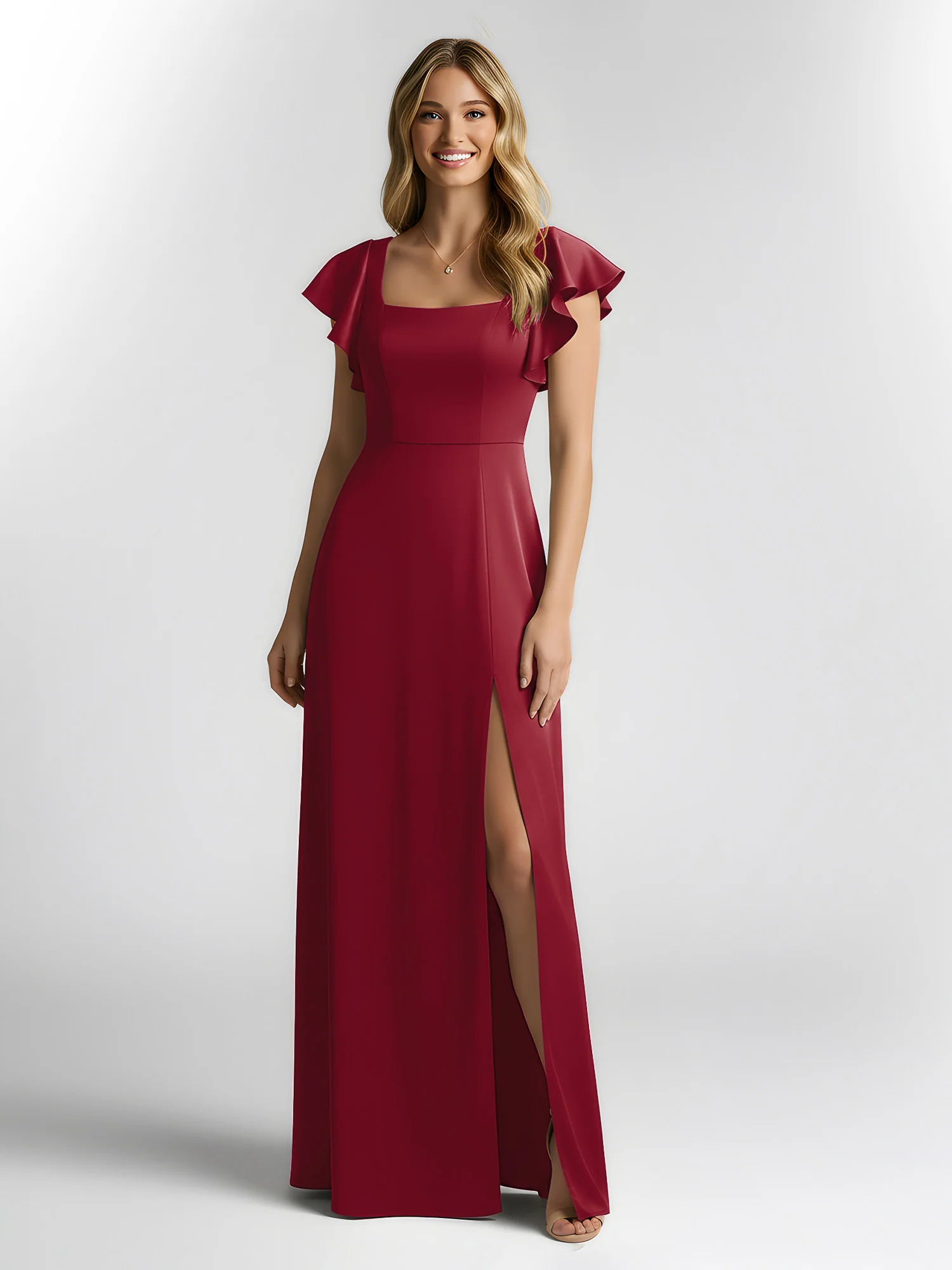 Chiffon Square Neck Flutter Sleeves Dresses With Slit Burgundy - Image 3