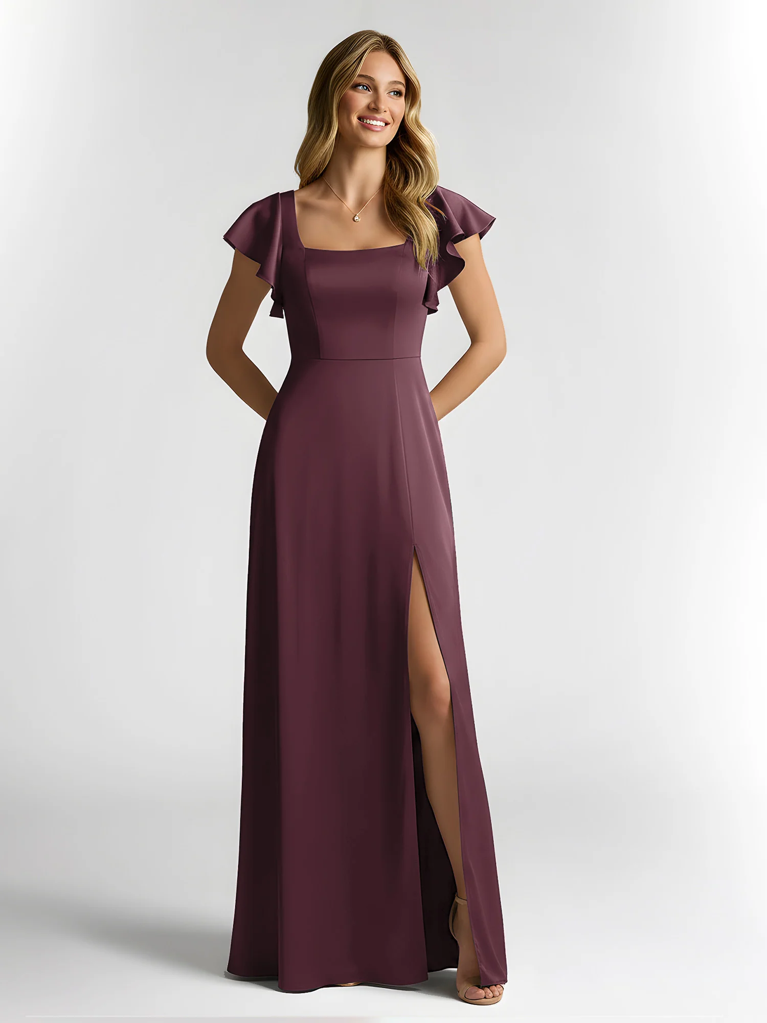 Chiffon Square Neck Flutter Sleeves Dresses With Slit Cabernet