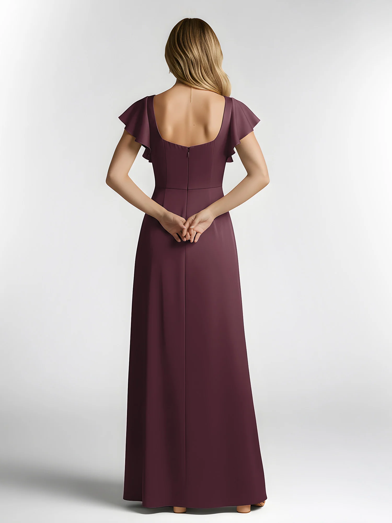Chiffon Square Neck Flutter Sleeves Dresses With Slit Cabernet - Image 2