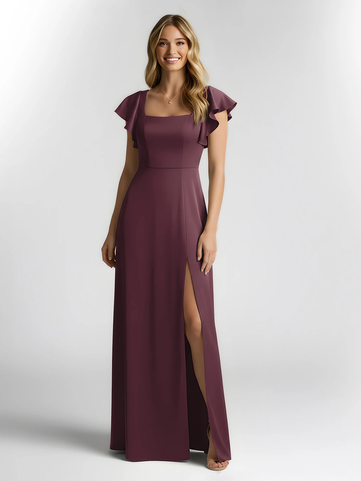 Chiffon Square Neck Flutter Sleeves Dresses With Slit Cabernet - Image 3