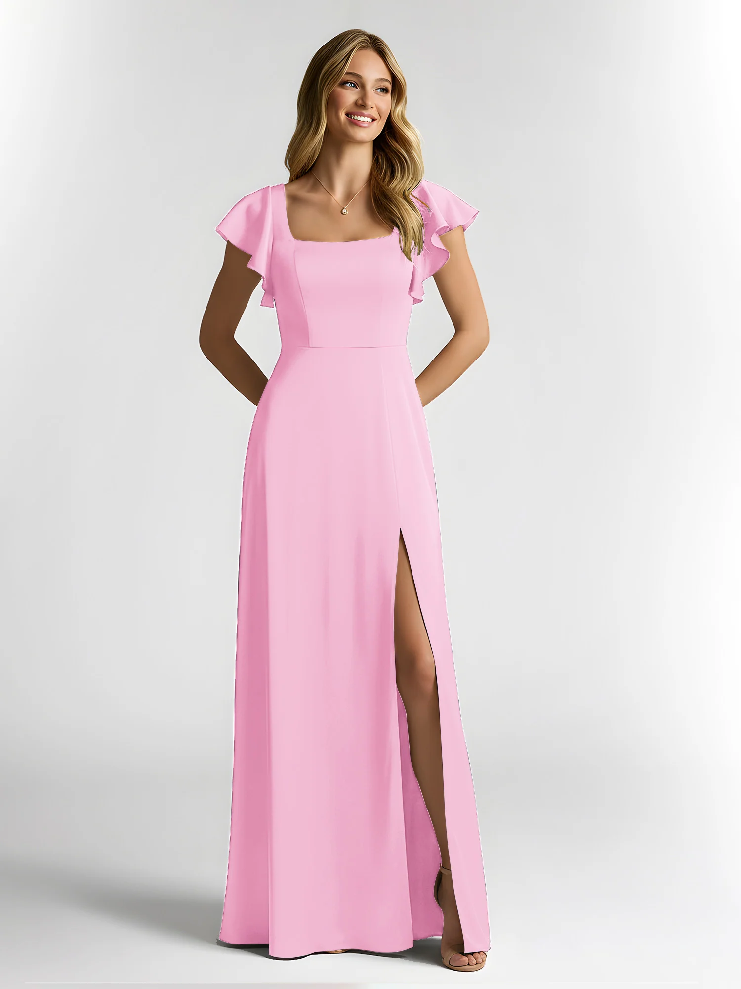 Chiffon Square Neck Flutter Sleeves Dresses With Slit Candy Pink