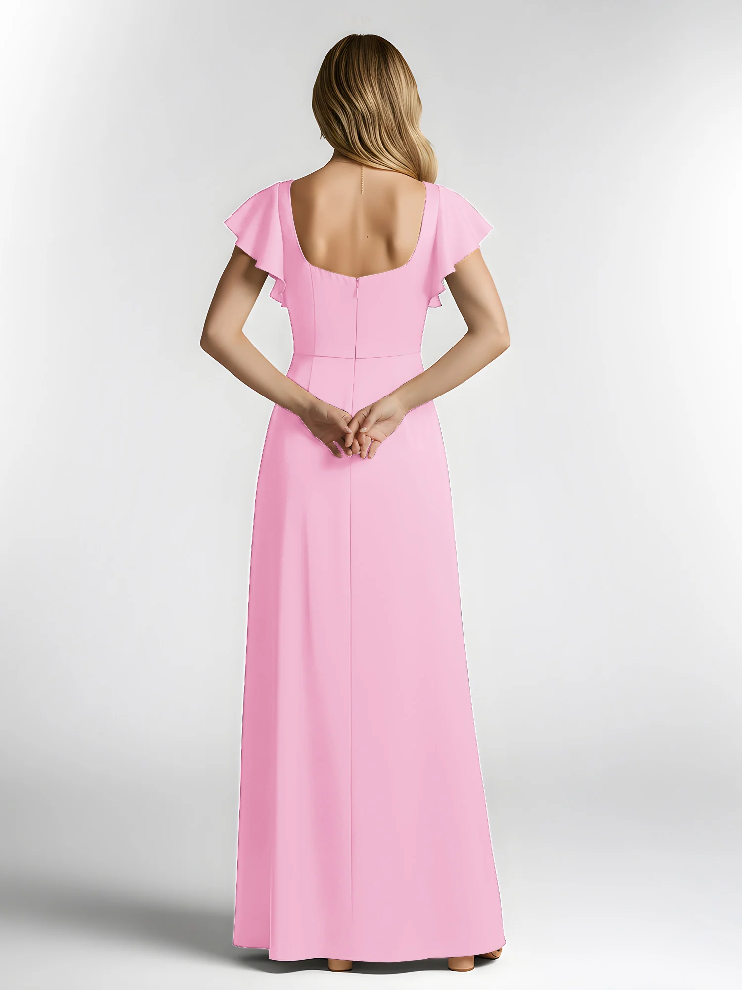 Chiffon Square Neck Flutter Sleeves Dresses With Slit Candy Pink - Image 2