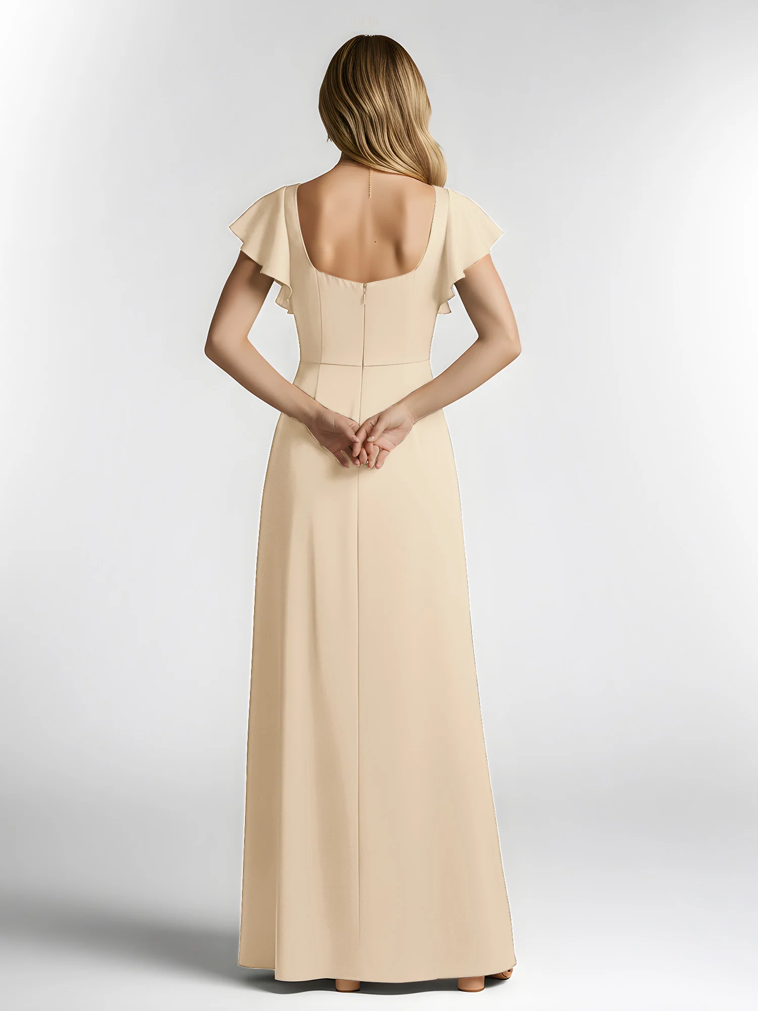 Chiffon Square Neck Flutter Sleeves Dresses With Slit Champagne - Image 2