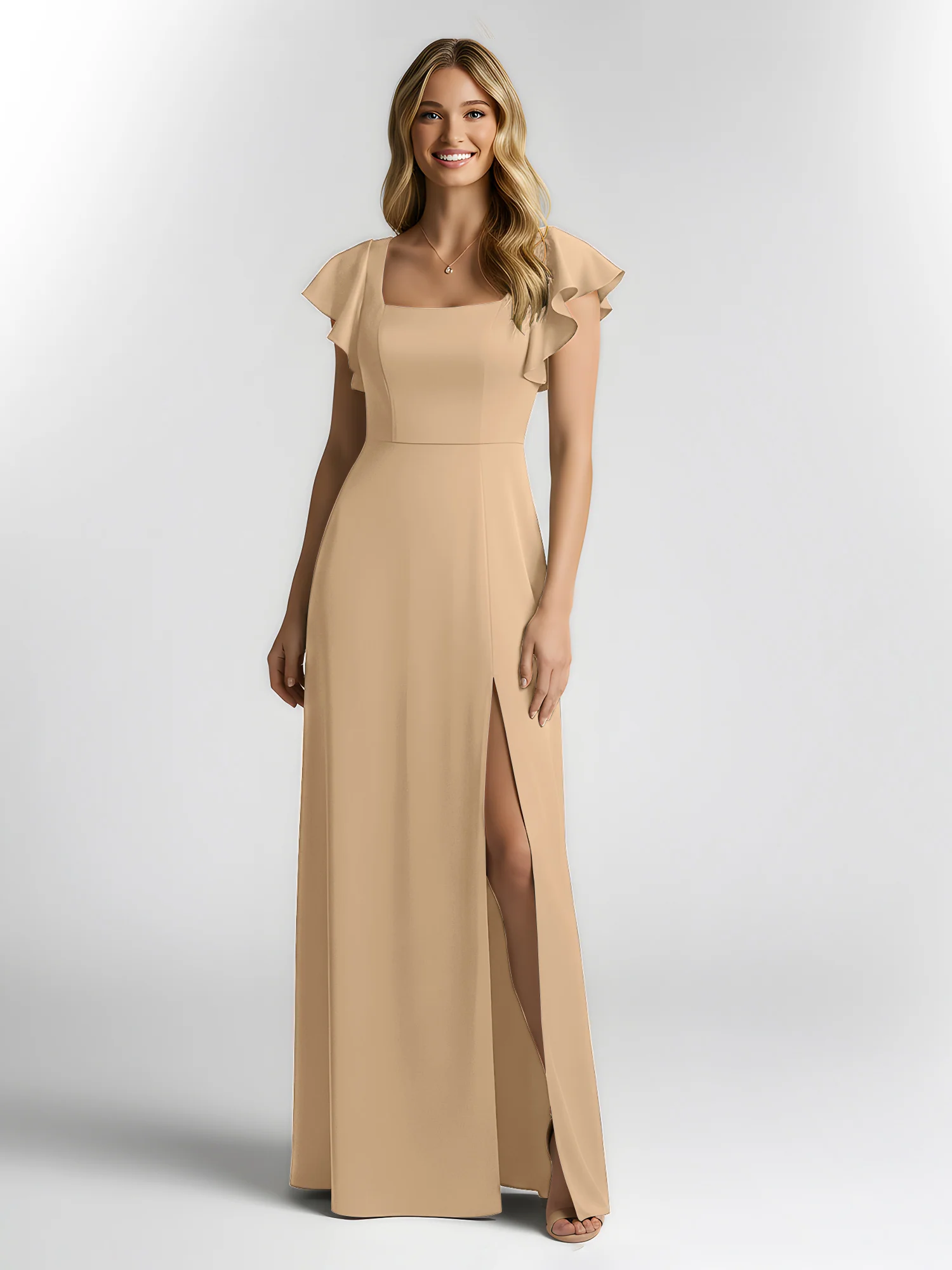 Chiffon Square Neck Flutter Sleeves Dresses With Slit Champagne - Image 3