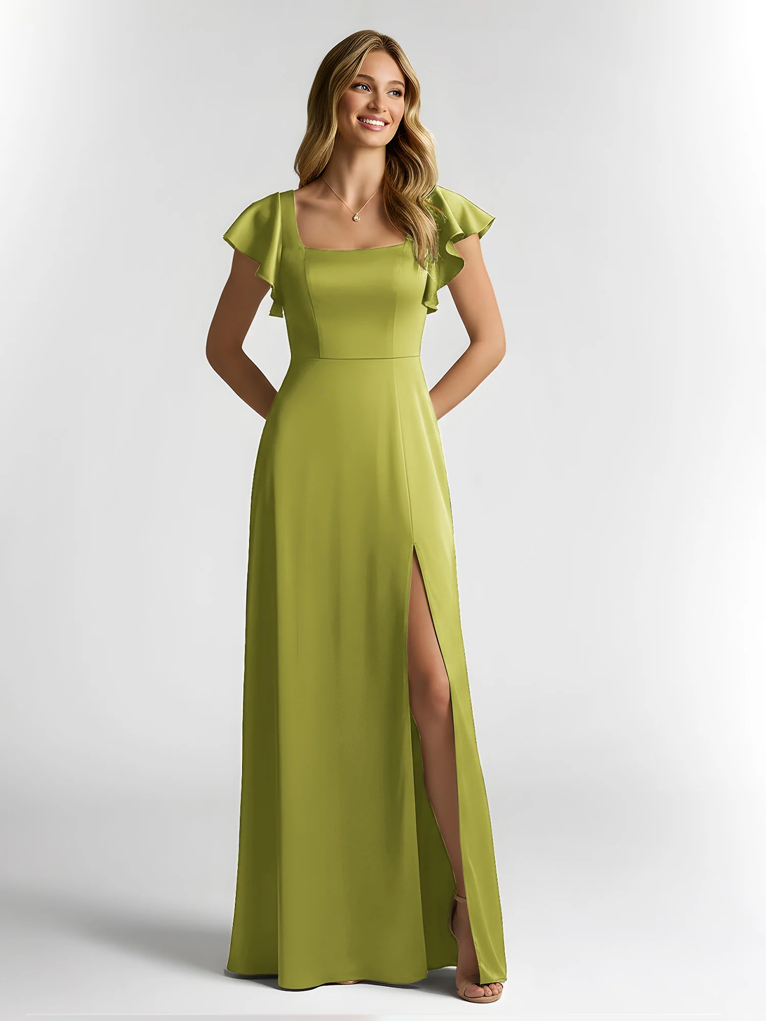 Chiffon Square Neck Flutter Sleeves Dresses With Slit Clover