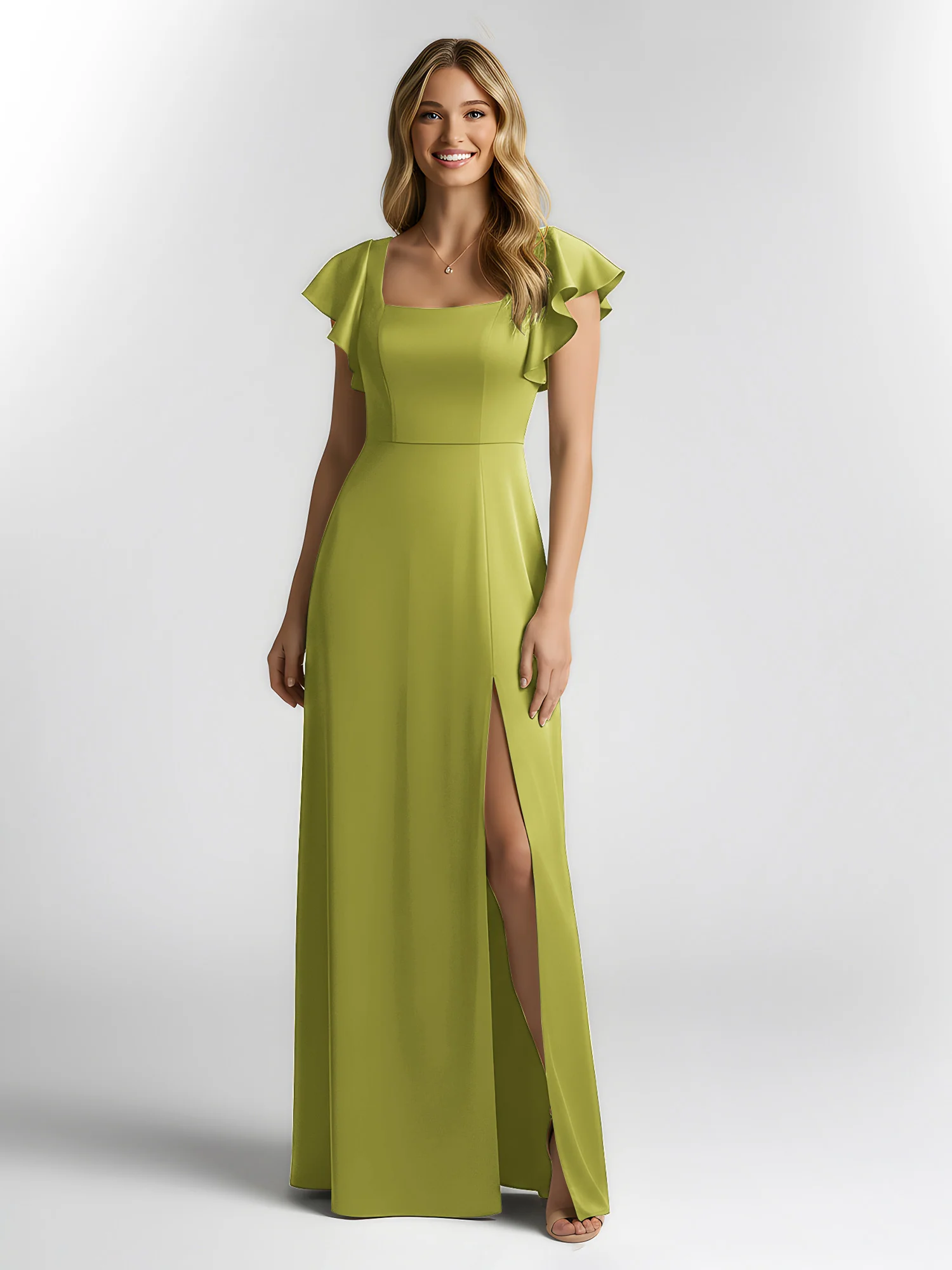 Chiffon Square Neck Flutter Sleeves Dresses With Slit Clover - Image 3