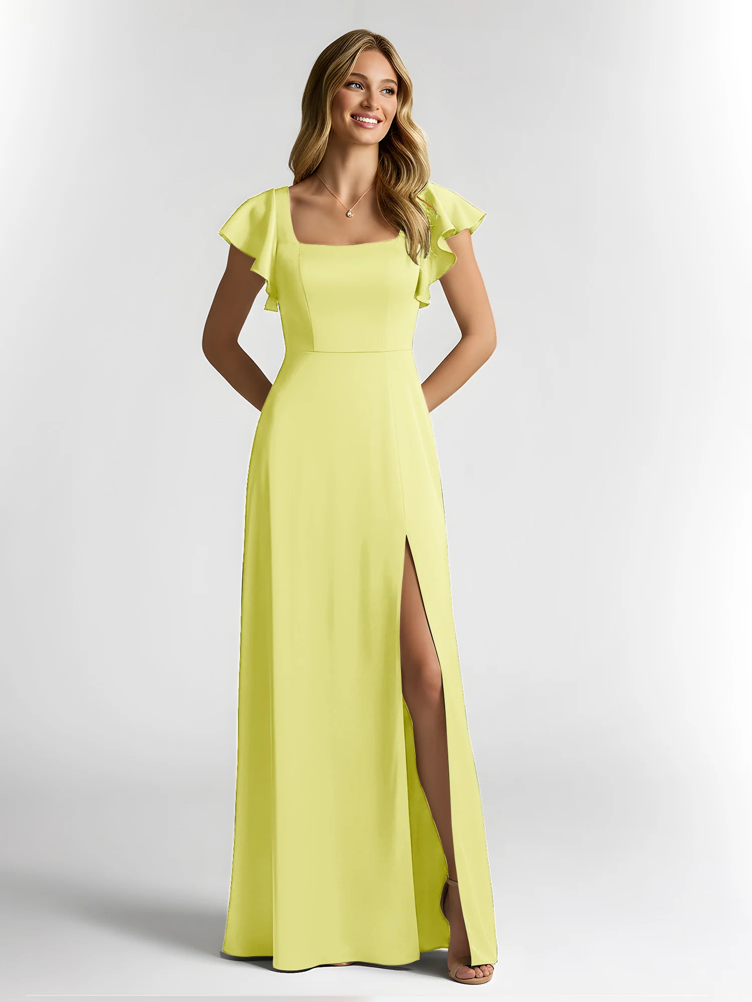 Chiffon Square Neck Flutter Sleeves Dresses With Slit Daffodil