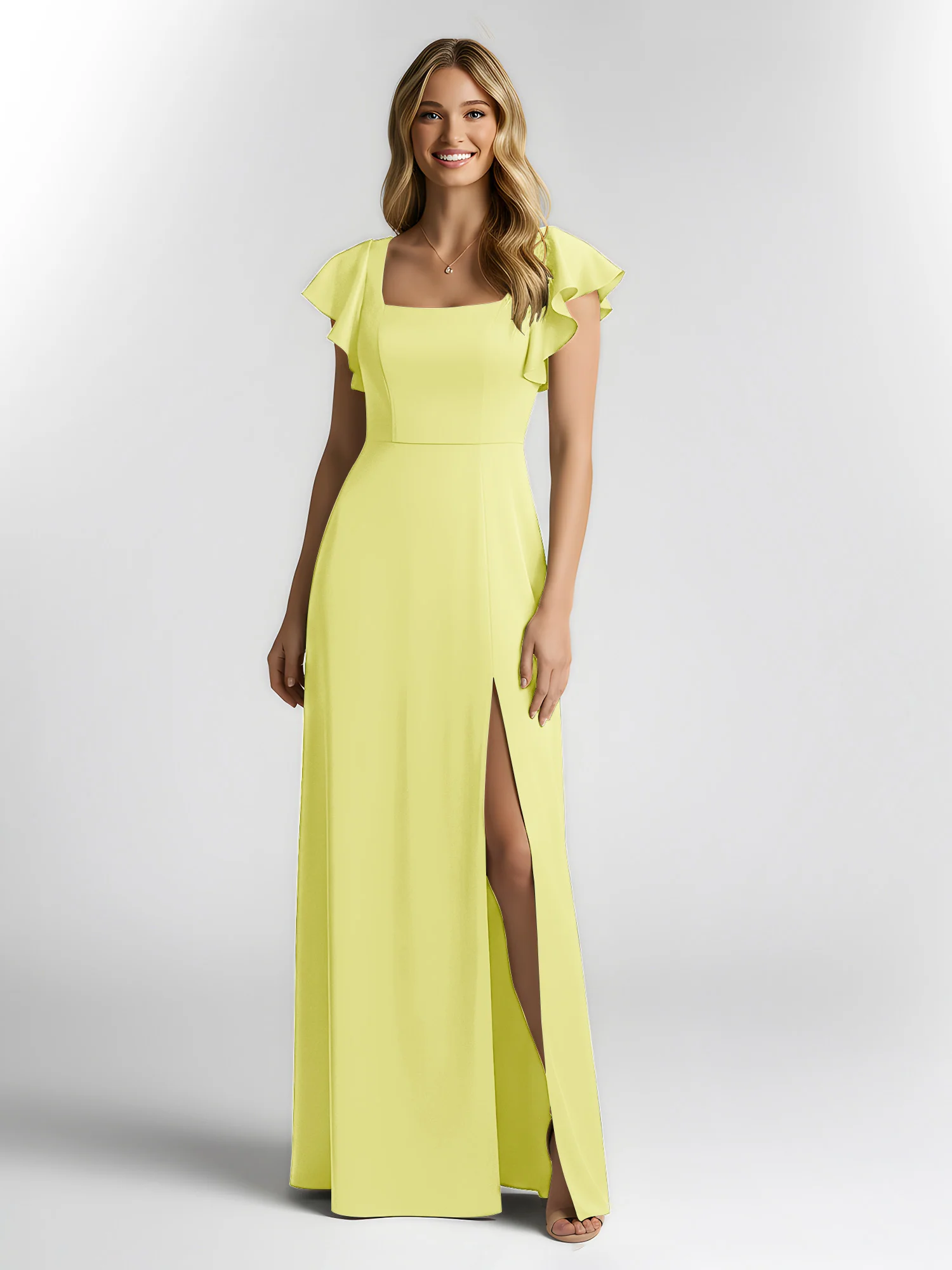 Chiffon Square Neck Flutter Sleeves Dresses With Slit Daffodil - Image 3