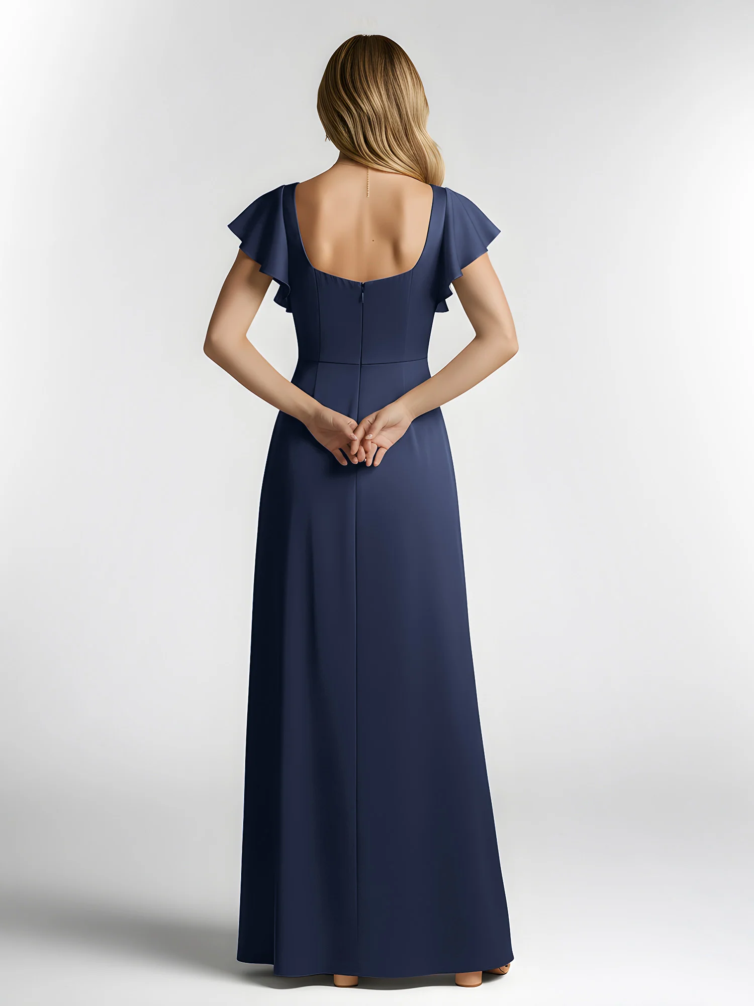 Chiffon Square Neck Flutter Sleeves Dresses With Slit Dark Navy - Image 2
