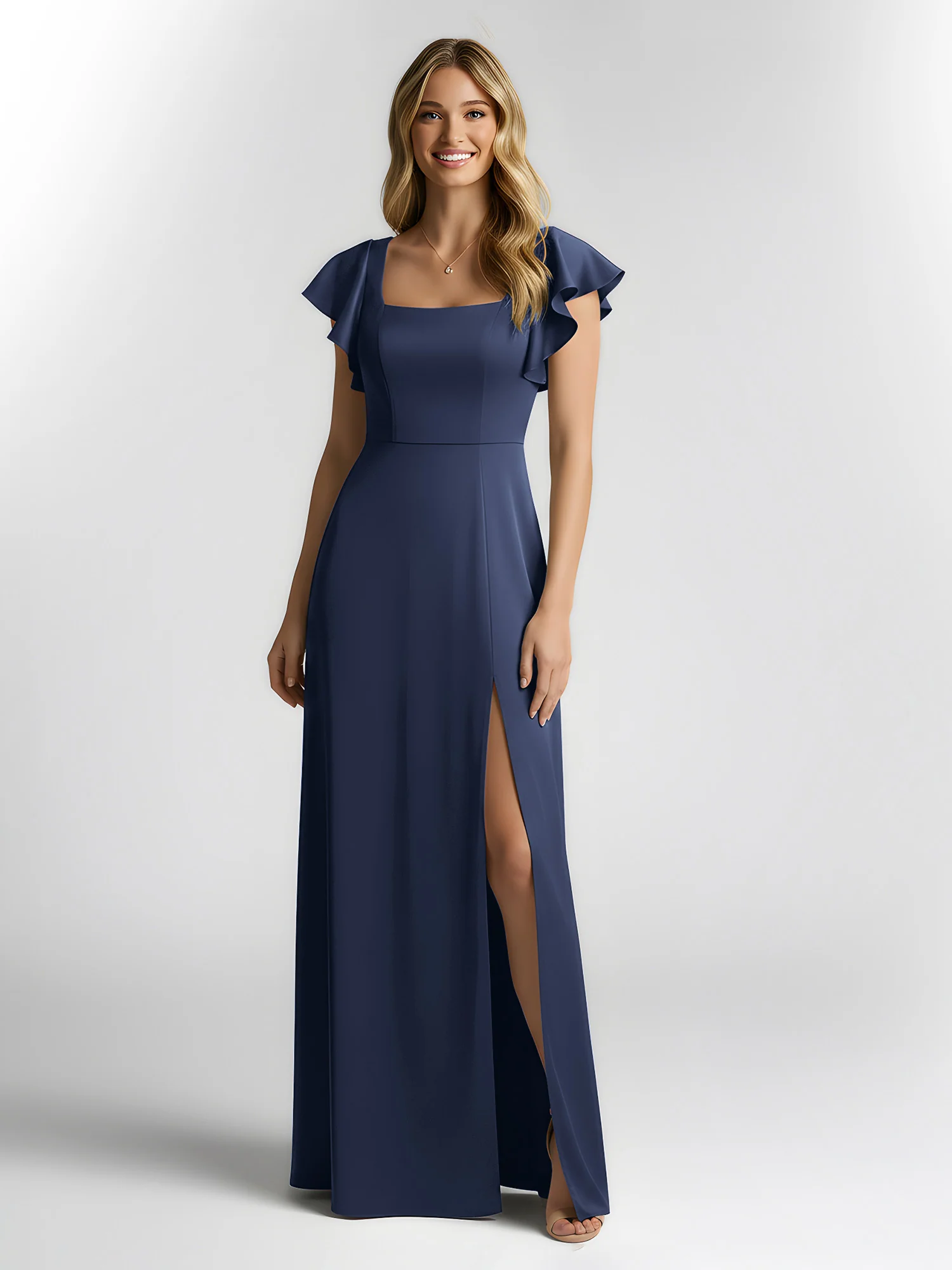 Chiffon Square Neck Flutter Sleeves Dresses With Slit Dark Navy - Image 3