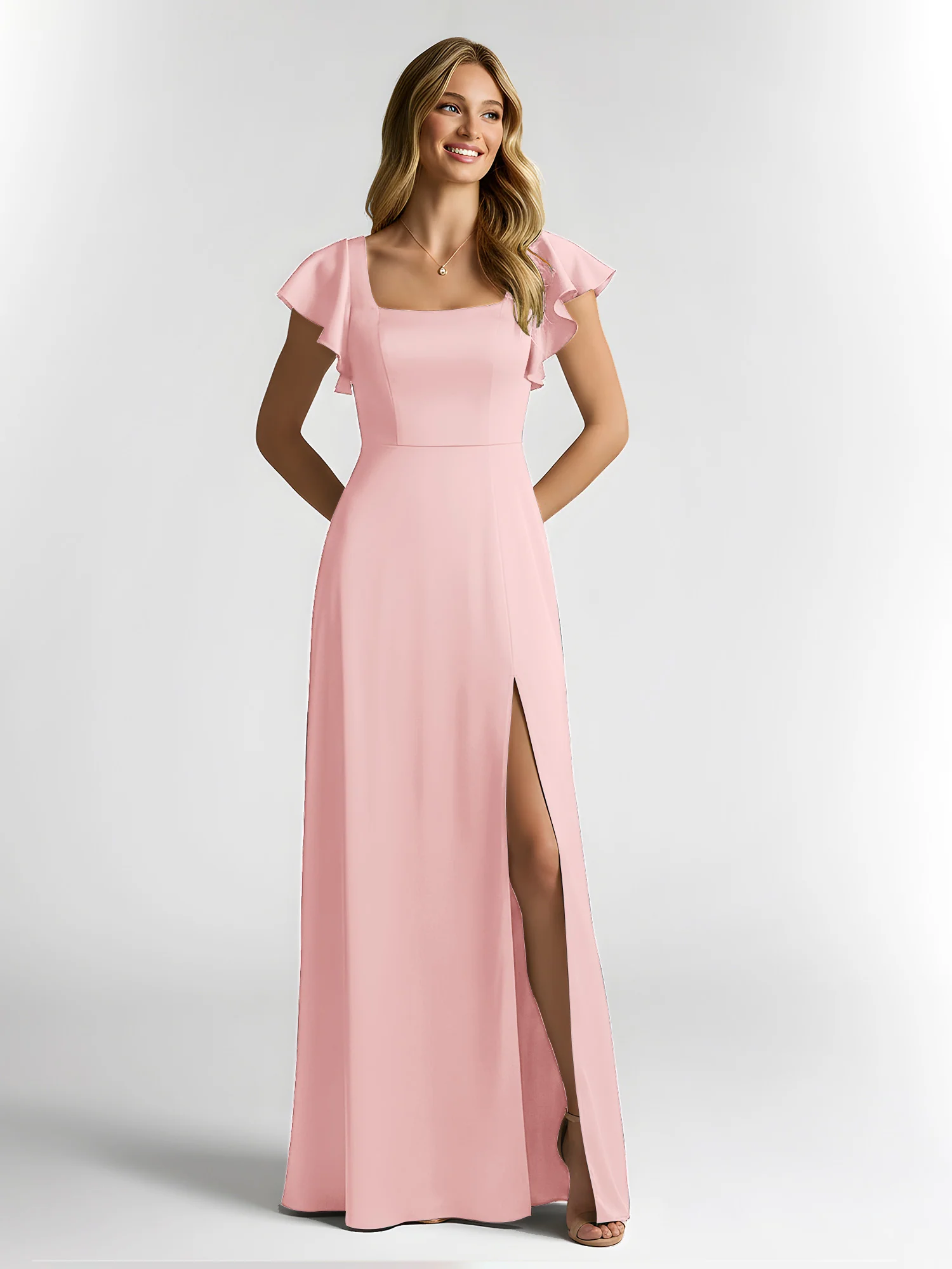 Chiffon Square Neck Flutter Sleeves Dresses With Slit Dusty Rose
