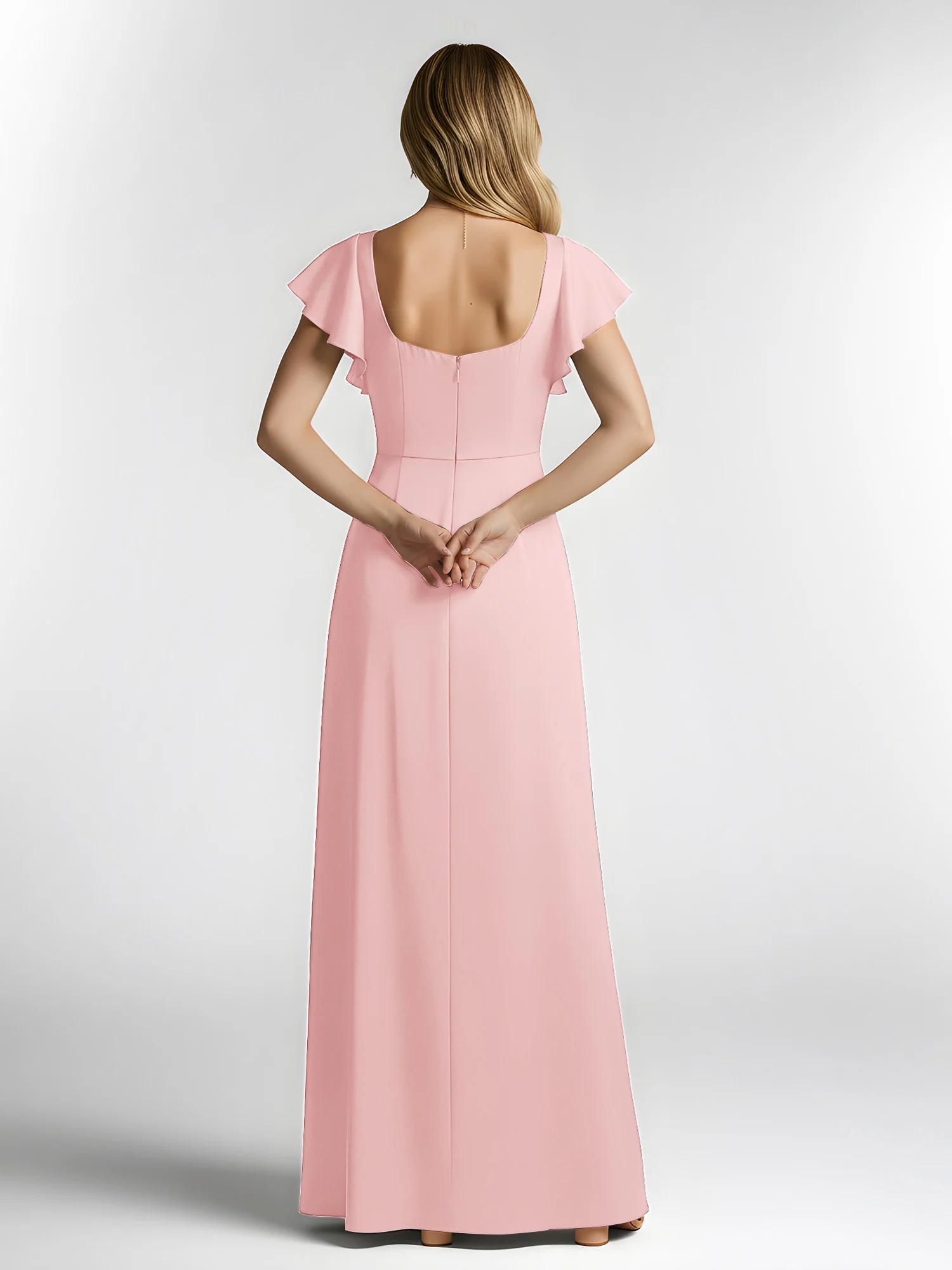 Chiffon Square Neck Flutter Sleeves Dresses With Slit Dusty Rose - Image 2