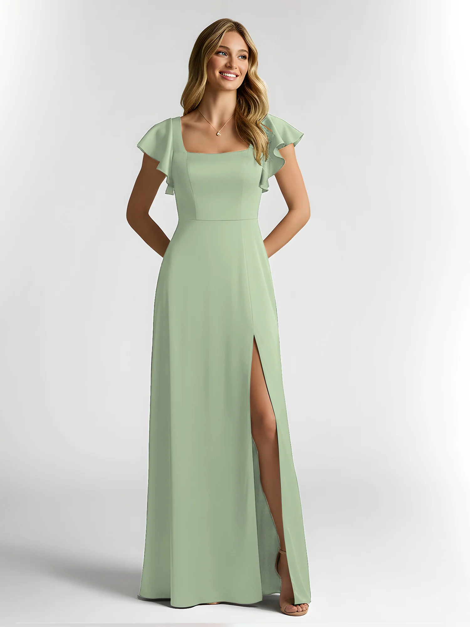 Chiffon Square Neck Flutter Sleeves Dresses With Slit Dusty Sage