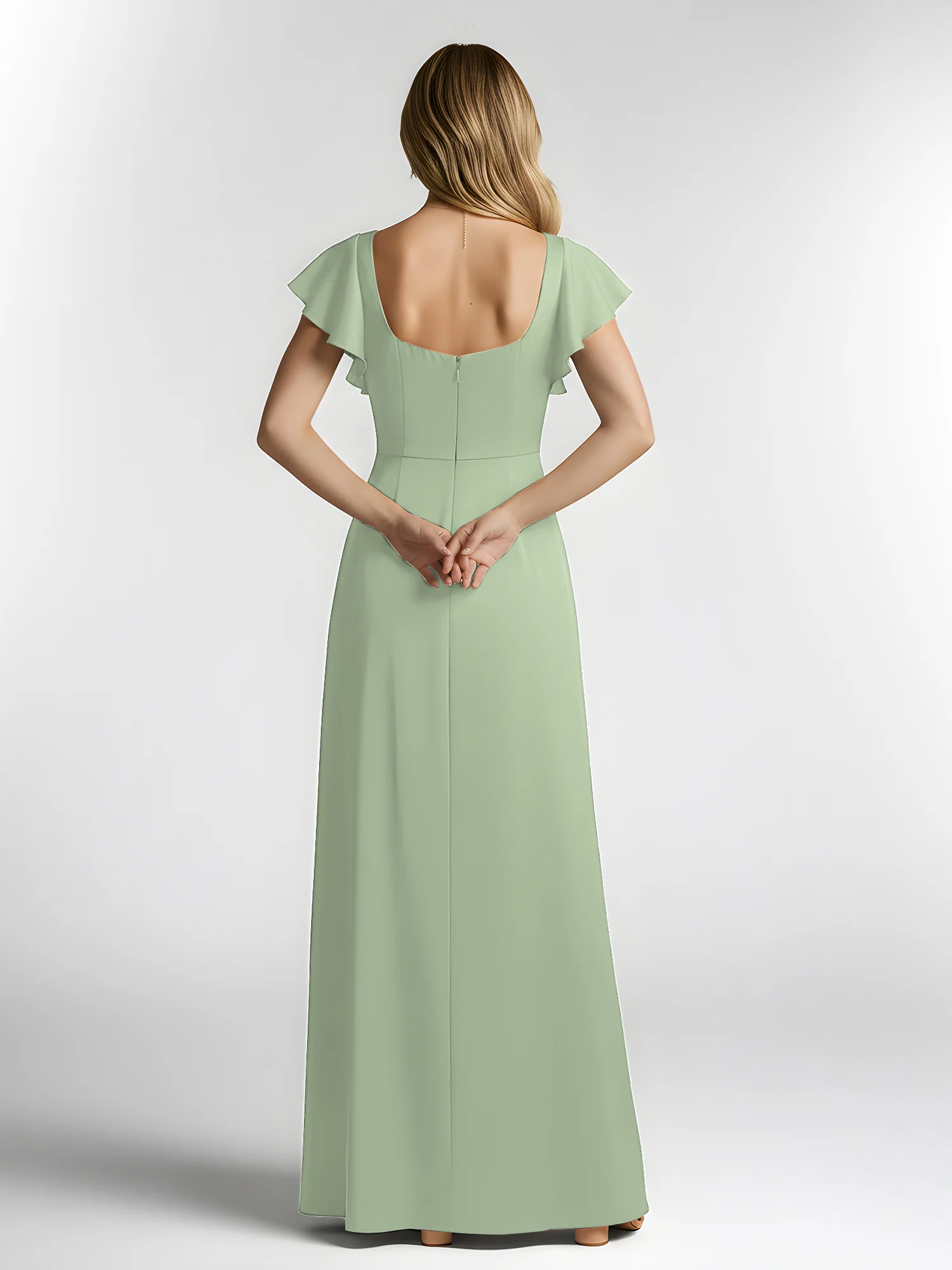 Chiffon Square Neck Flutter Sleeves Dresses With Slit Dusty Sage - Image 2