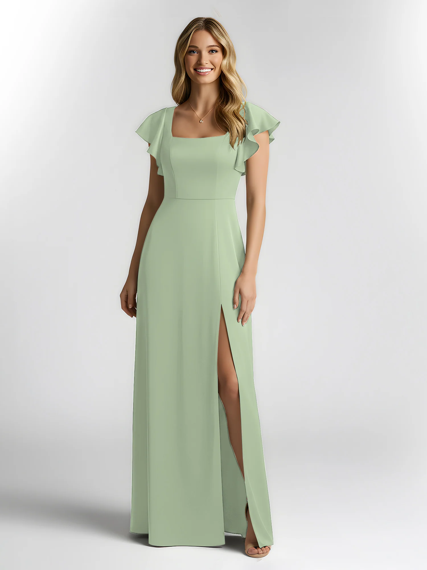 Chiffon Square Neck Flutter Sleeves Dresses With Slit Dusty Sage - Image 3