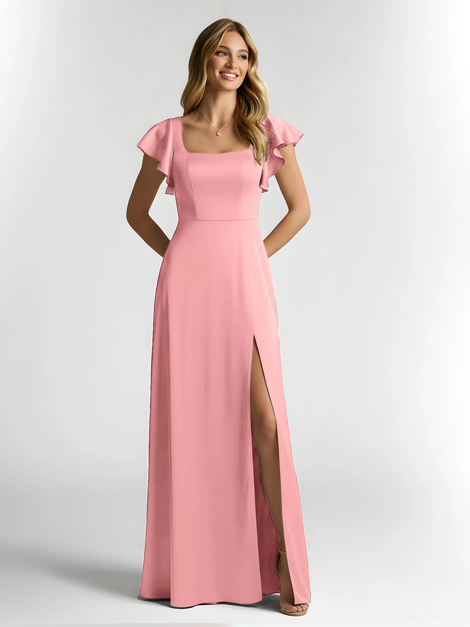 Chiffon Square Neck Flutter Sleeves Dresses With Slit Flamingo