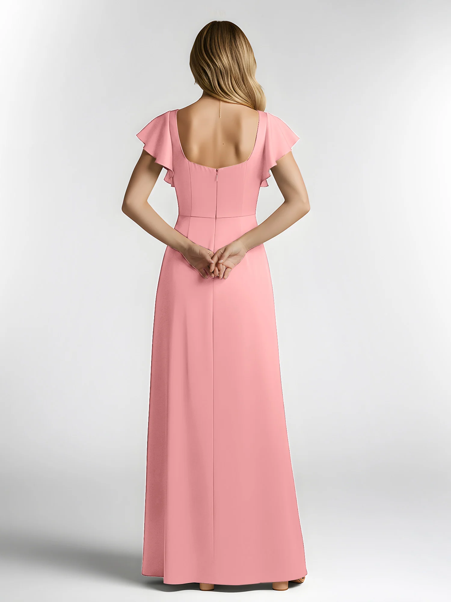Chiffon Square Neck Flutter Sleeves Dresses With Slit Flamingo - Image 2