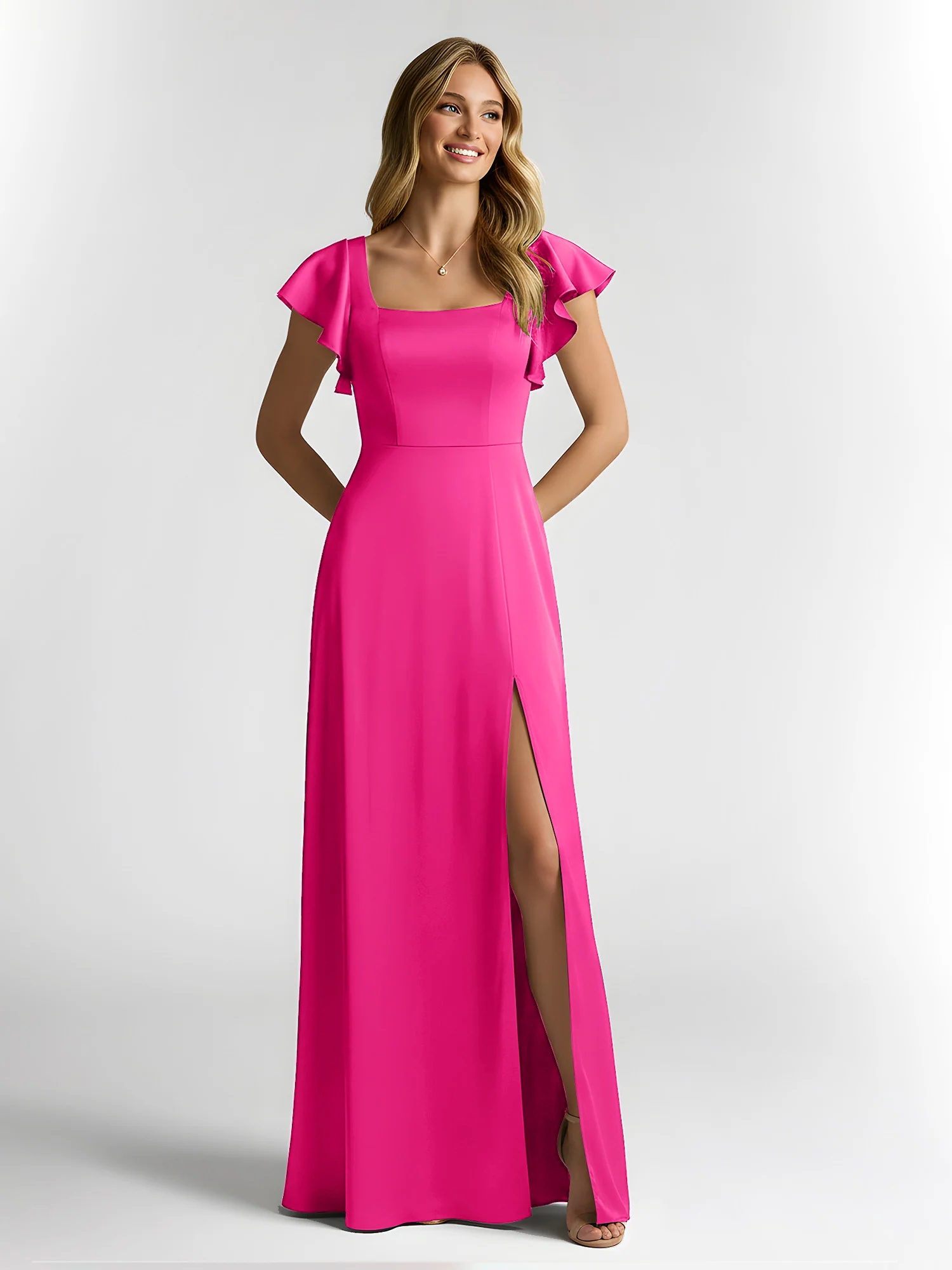Chiffon Square Neck Flutter Sleeves Dresses With Slit Fuchsia