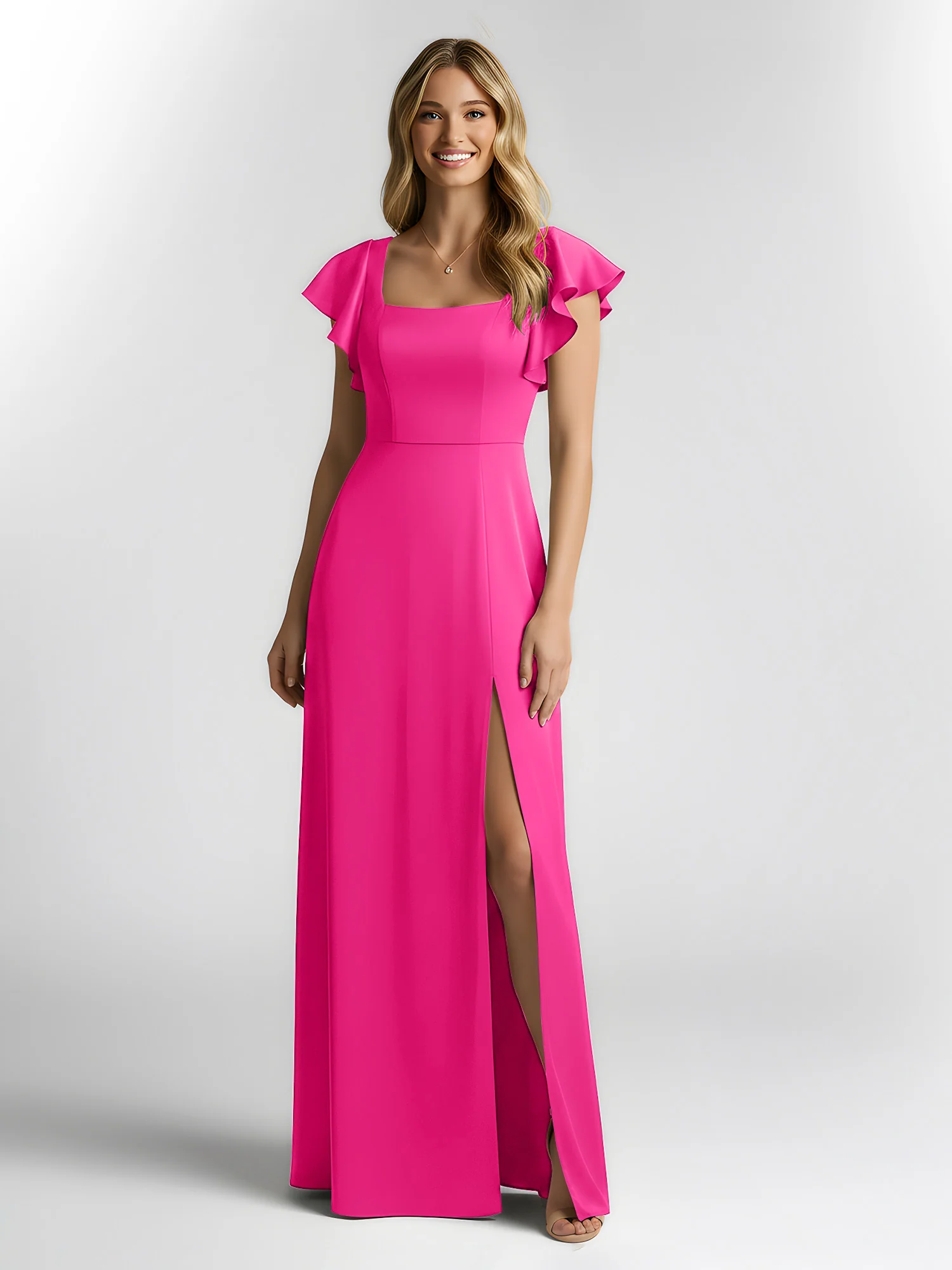 Chiffon Square Neck Flutter Sleeves Dresses With Slit Fuchsia - Image 3