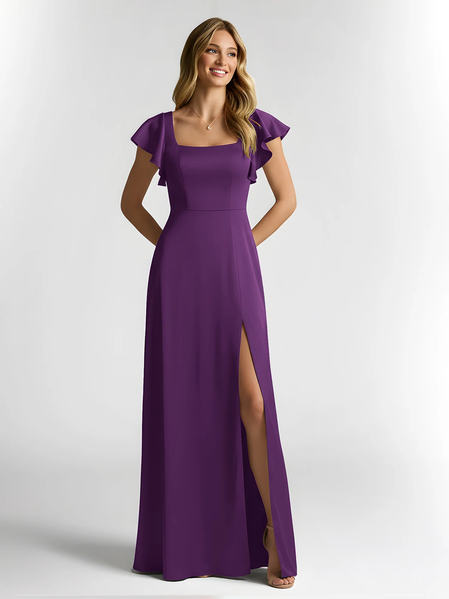 Chiffon Square Neck Flutter Sleeves Dresses With Slit Grape
