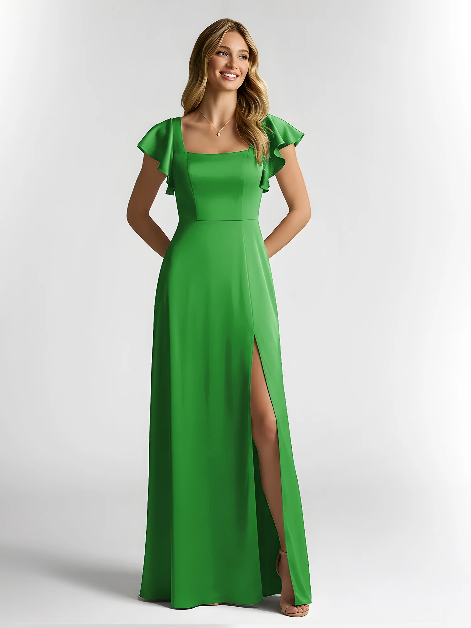 Chiffon Square Neck Flutter Sleeves Dresses With Slit Green