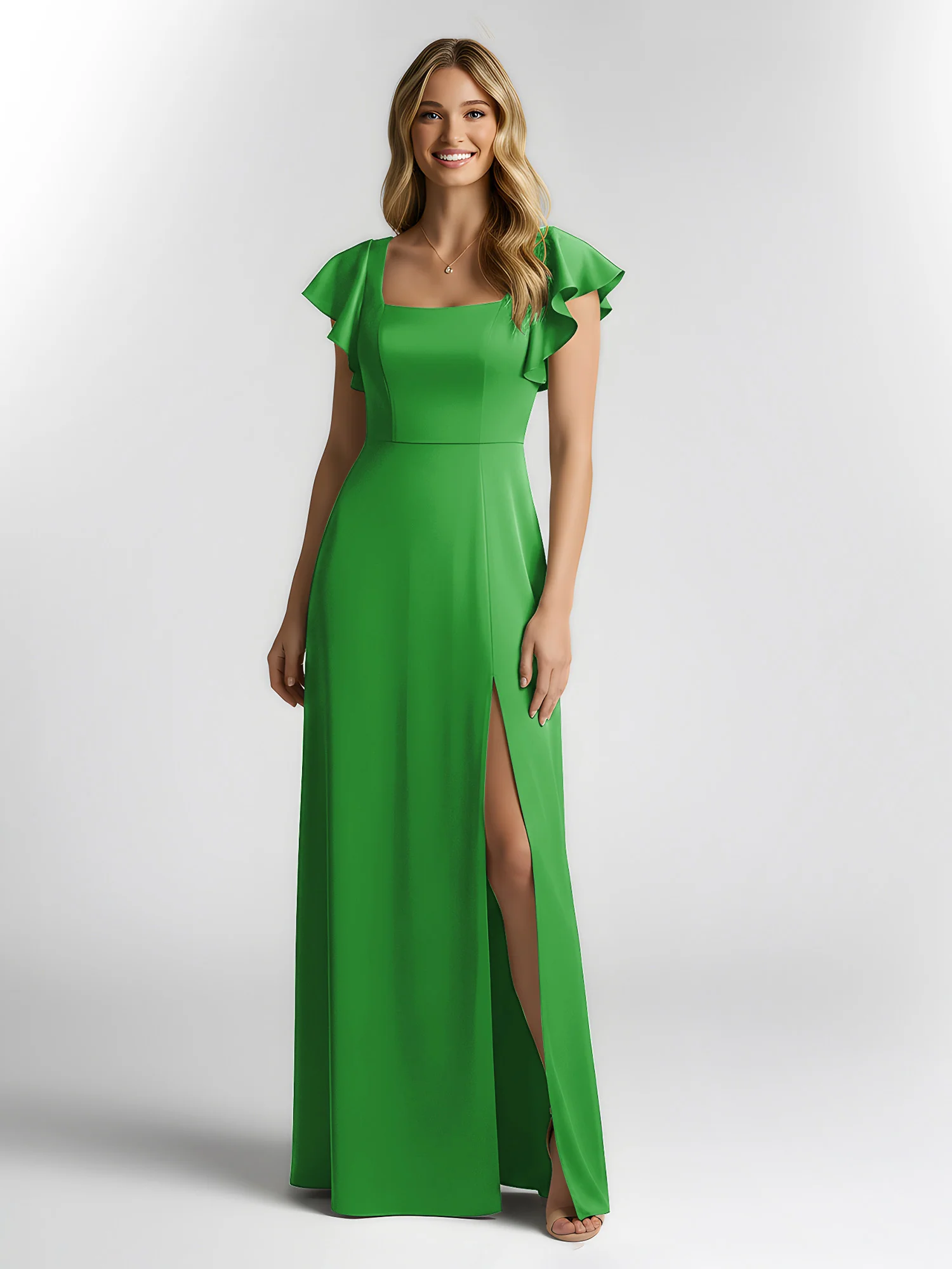 Chiffon Square Neck Flutter Sleeves Dresses With Slit Green - Image 3
