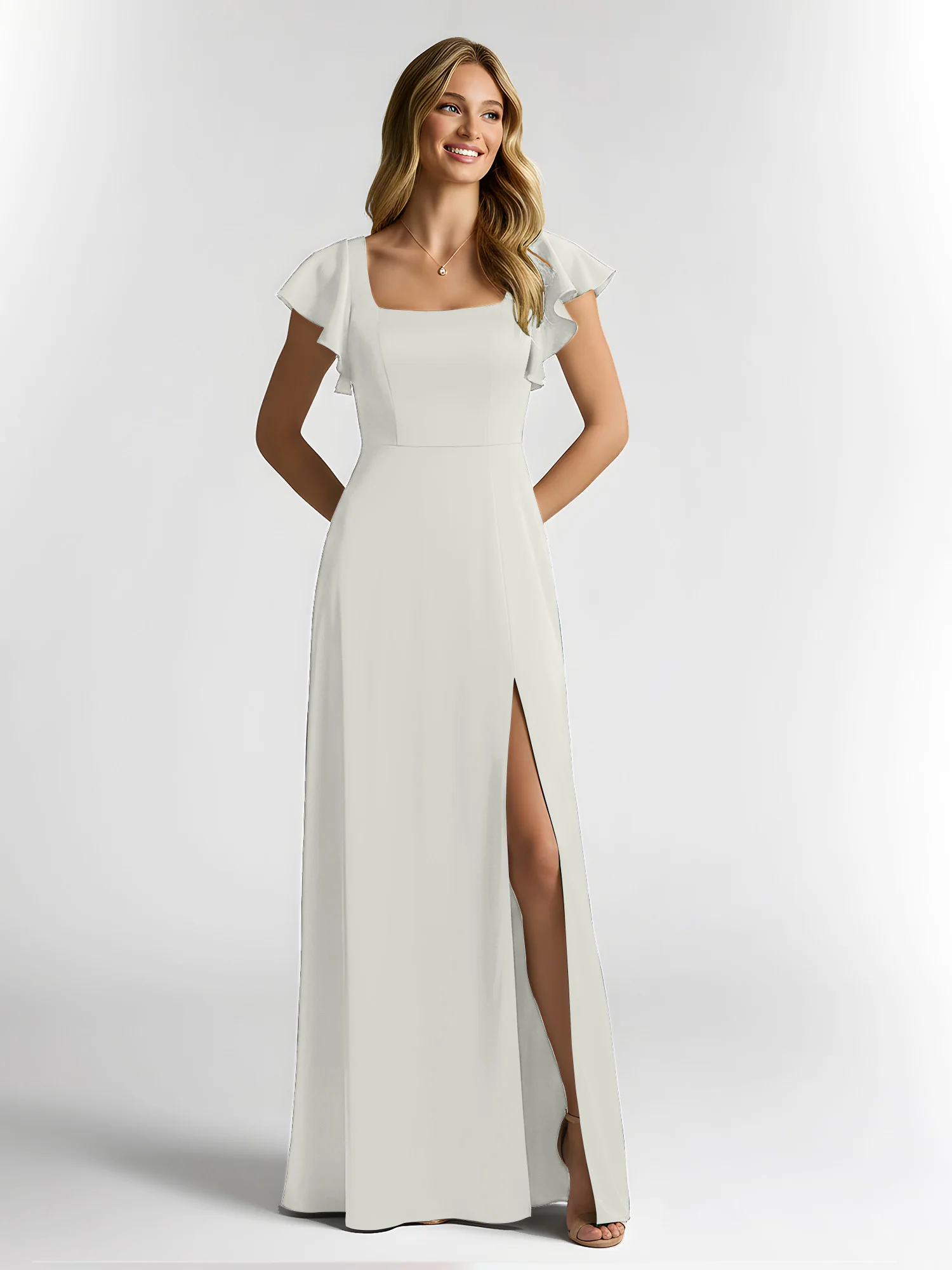 Chiffon Square Neck Flutter Sleeves Dresses With Slit Ivory