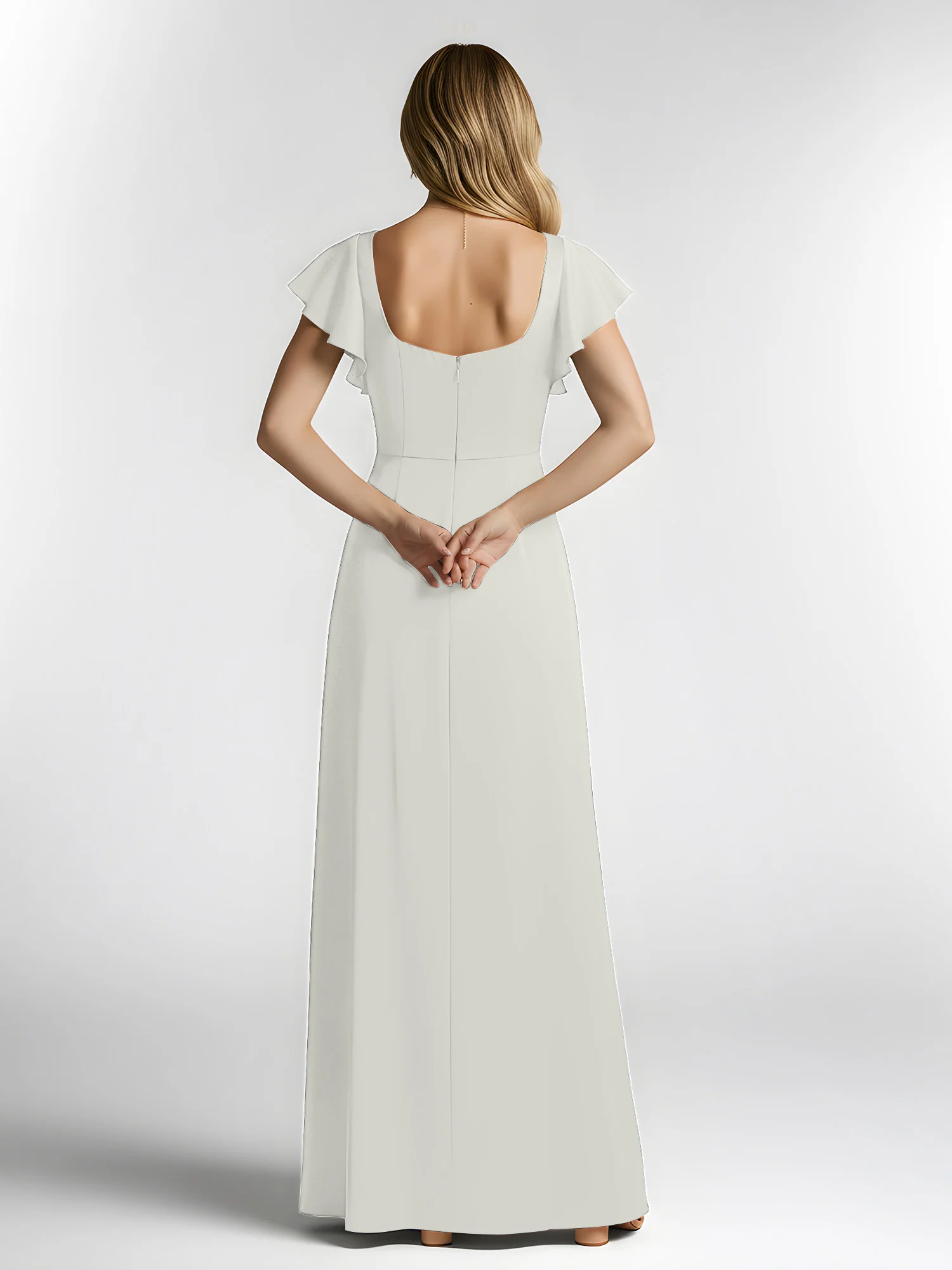 Chiffon Square Neck Flutter Sleeves Dresses With Slit Ivory - Image 2