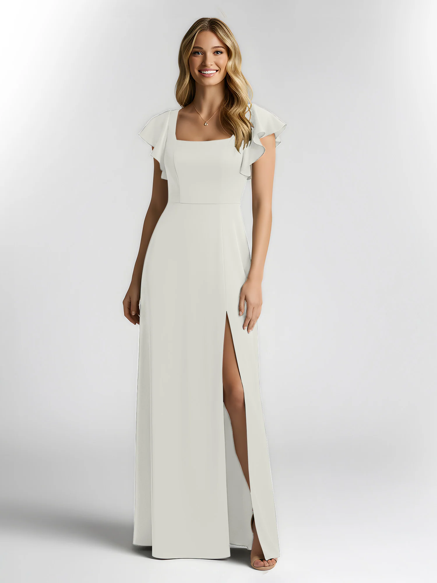 Chiffon Square Neck Flutter Sleeves Dresses With Slit Ivory - Image 3