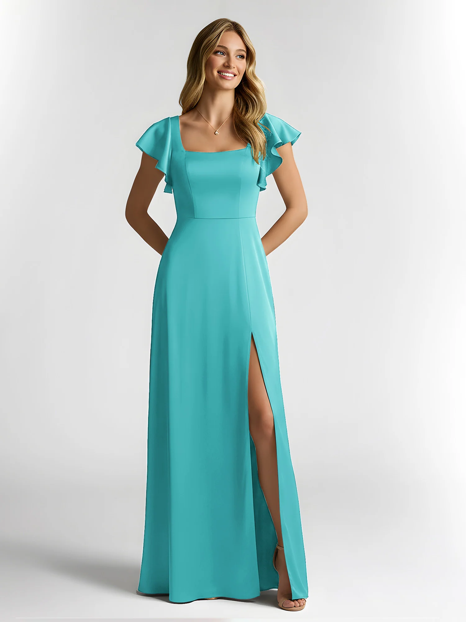 Chiffon Square Neck Flutter Sleeves Dresses With Slit Jade