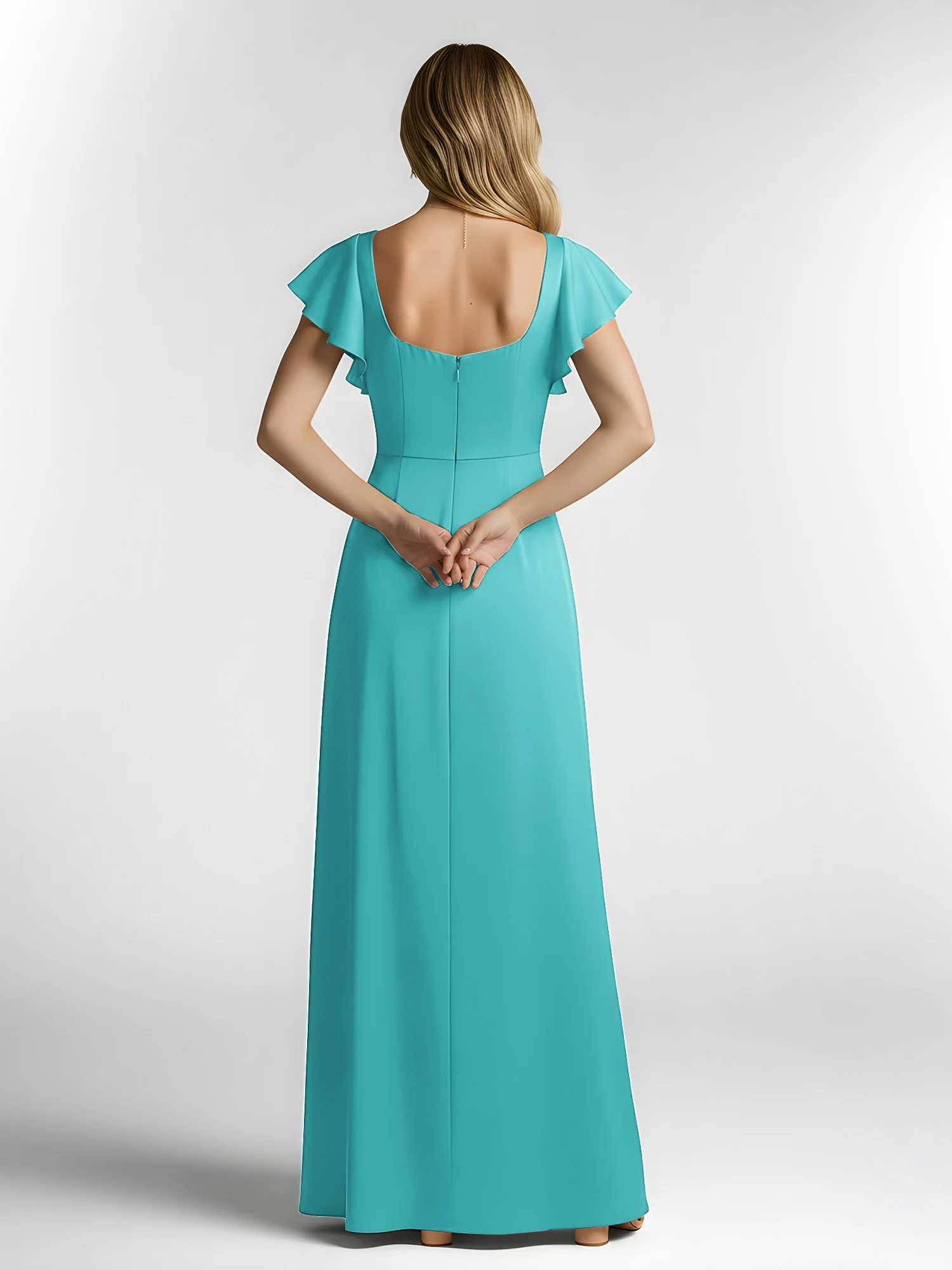 Chiffon Square Neck Flutter Sleeves Dresses With Slit Jade - Image 2