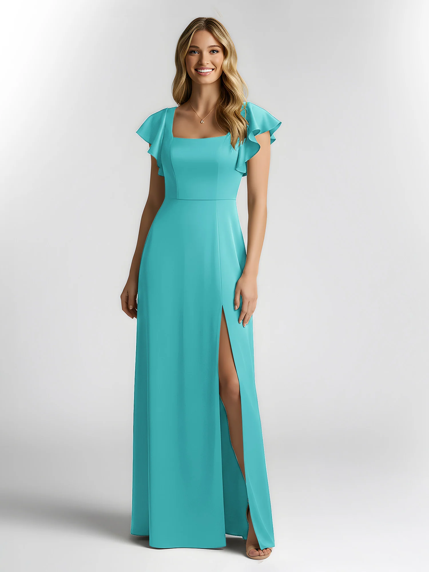 Chiffon Square Neck Flutter Sleeves Dresses With Slit Jade - Image 3