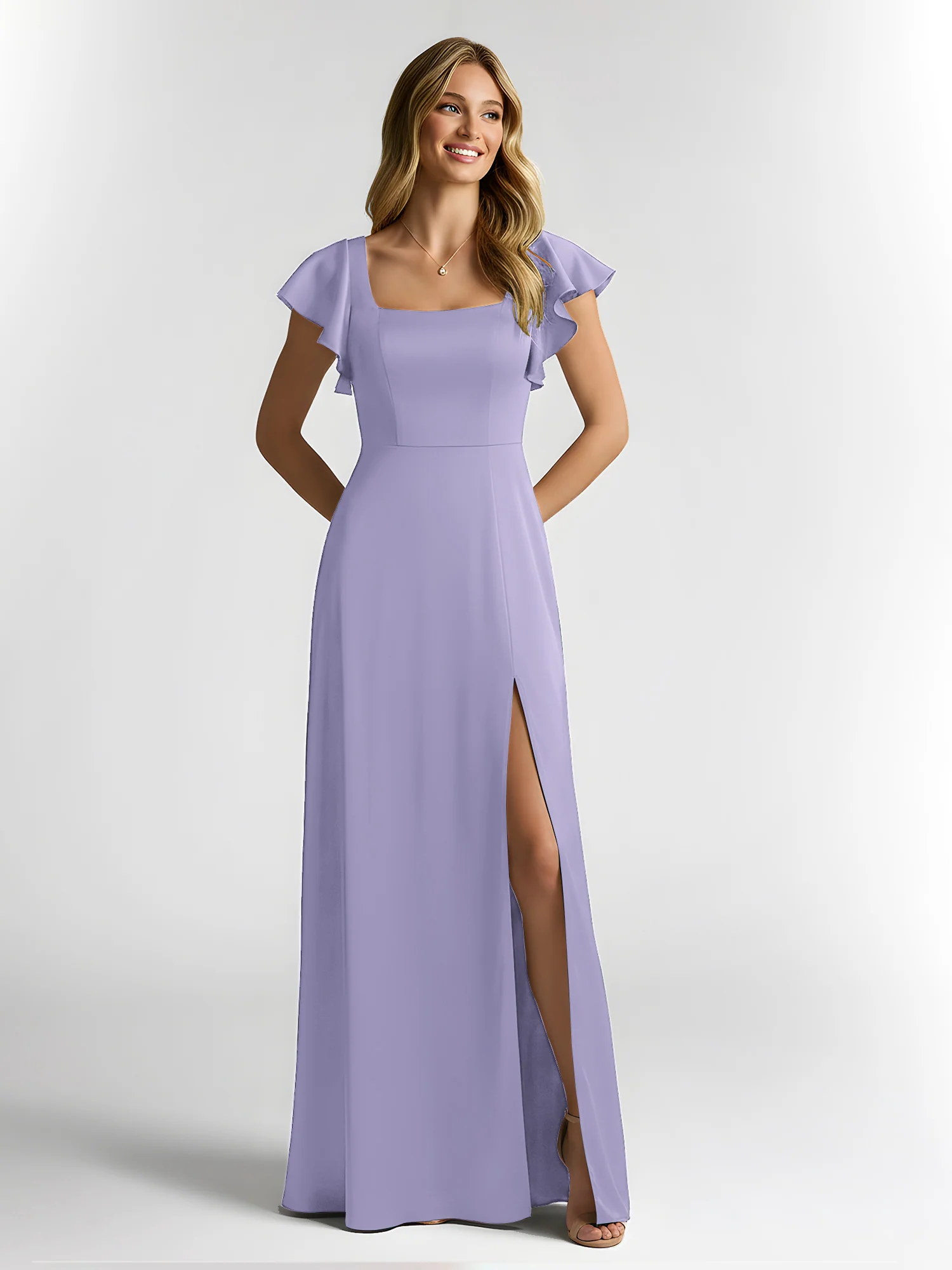 Chiffon Square Neck Flutter Sleeves Dresses With Slit Lavender