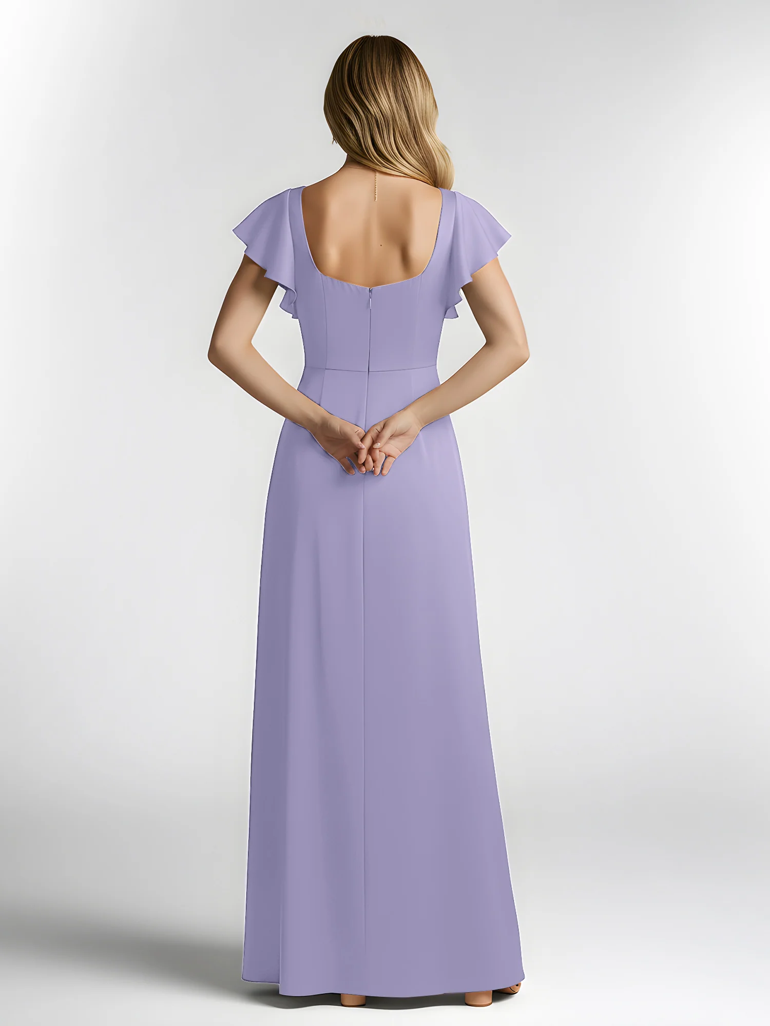 Chiffon Square Neck Flutter Sleeves Dresses With Slit Lavender - Image 2