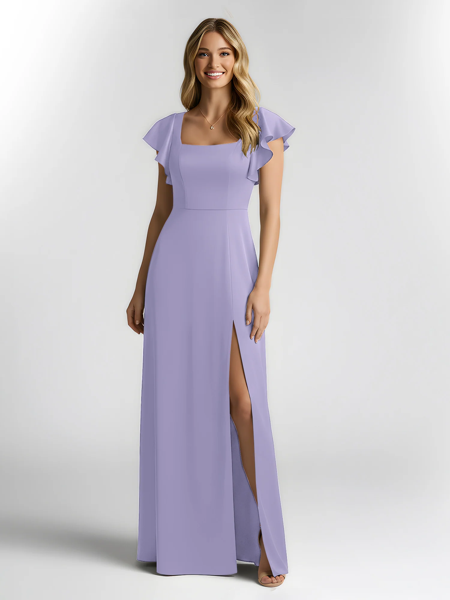 Chiffon Square Neck Flutter Sleeves Dresses With Slit Lavender - Image 3