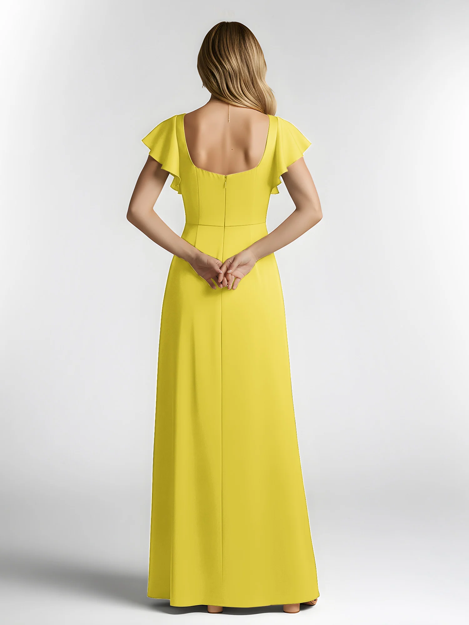 Chiffon Square Neck Flutter Sleeves Dresses With Slit Lemon - Image 2